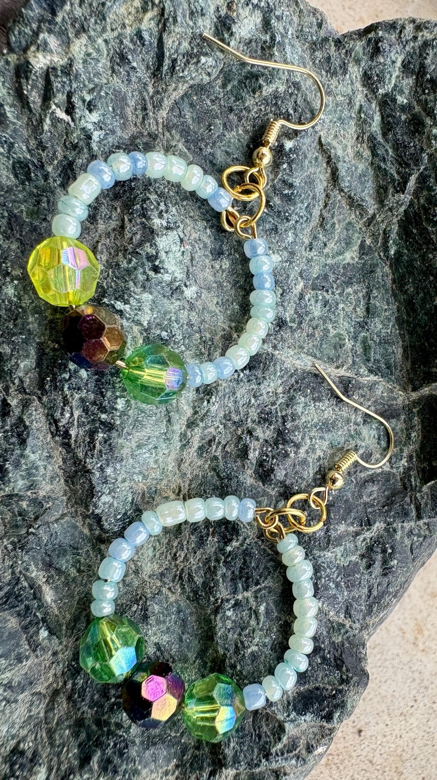 Blue & Green Hoop Earrings | Beaded Crystal Dangles Earrings Consecrated Jewelry Co.
