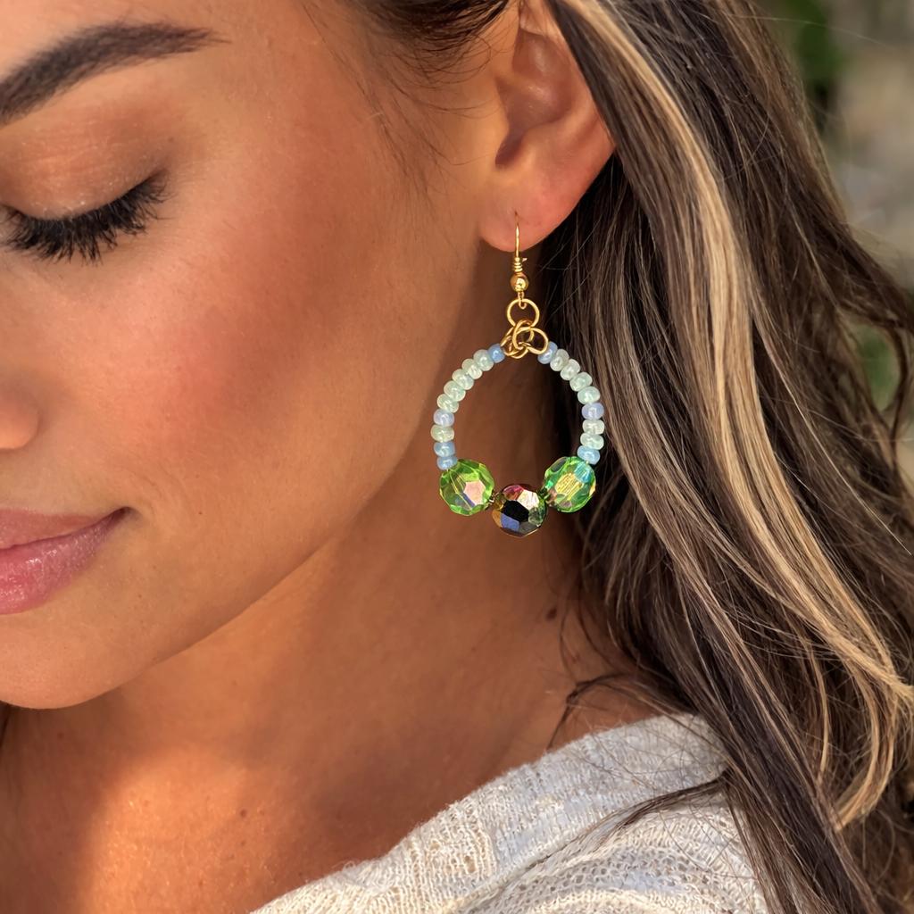 Blue & Green Hoop Earrings | Beaded Crystal Dangles Earrings Consecrated Jewelry Co.