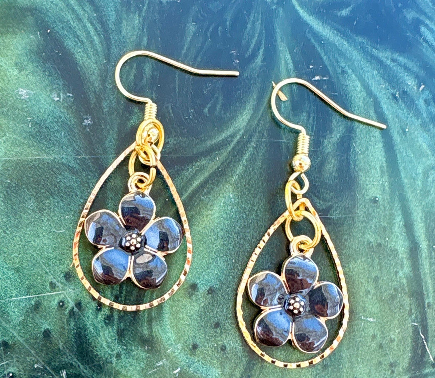 Gold Teardrop Earrings | Dainty Black & Gold Flower Floral Dangle Earrings Consecrated Jewelry Co.