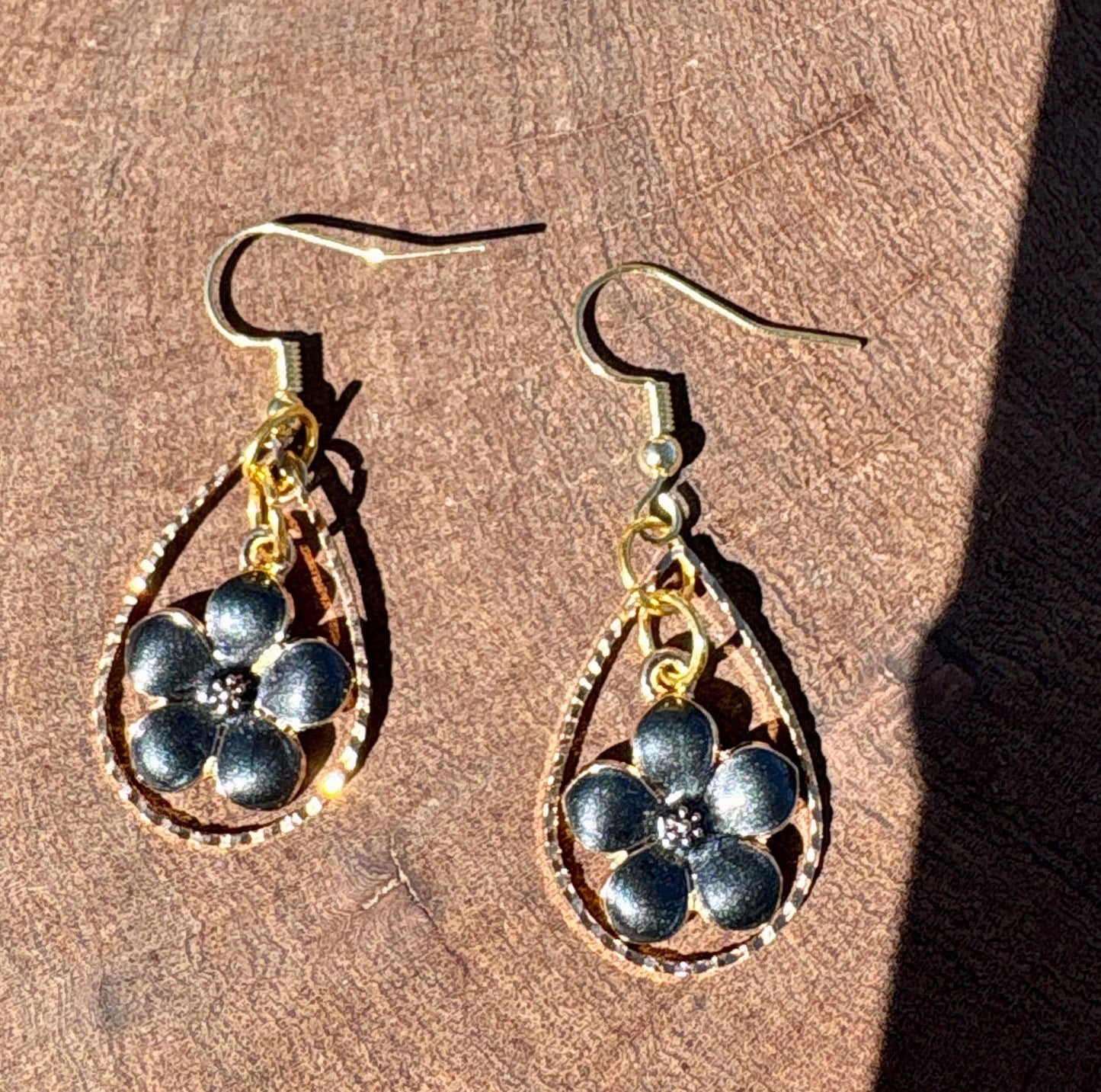 Gold Teardrop Earrings | Dainty Black & Gold Flower Floral Dangle Earrings Consecrated Jewelry Co.