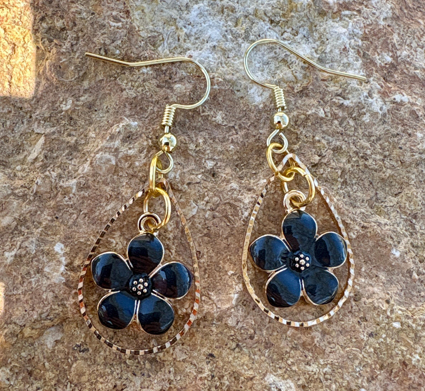 Gold Teardrop Earrings | Dainty Black & Gold Flower Floral Dangle Earrings Consecrated Jewelry Co.