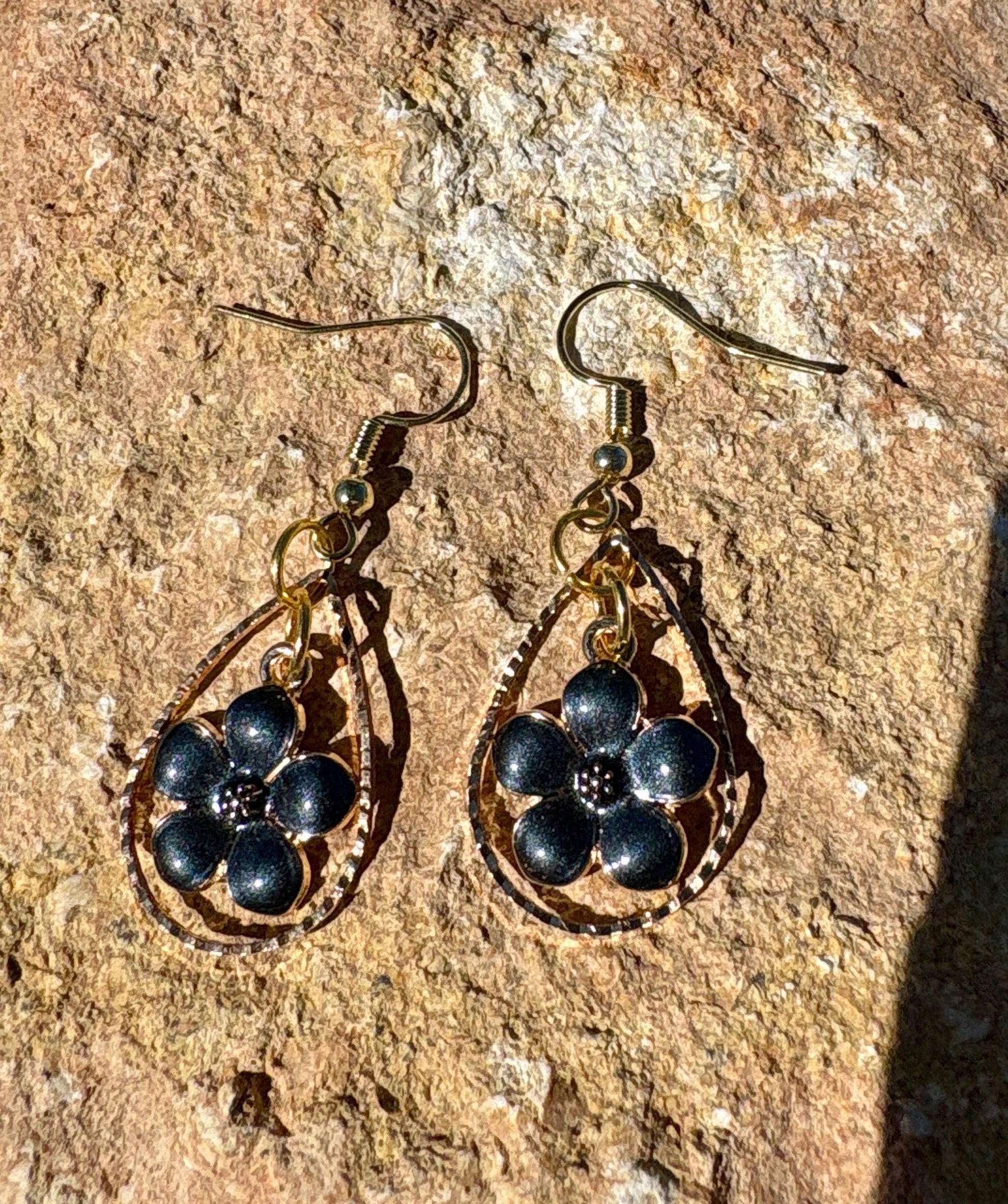 Gold Teardrop Earrings | Dainty Black & Gold Flower Floral Dangle Earrings Consecrated Jewelry Co.