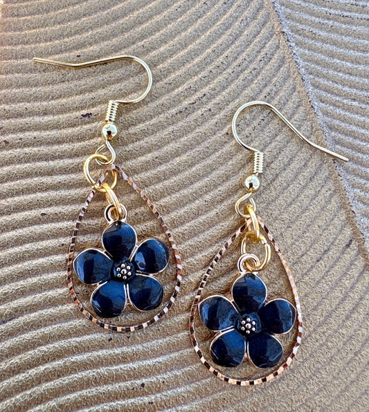 Gold Teardrop Earrings | Dainty Black & Gold Flower Floral Dangle Earrings Consecrated Jewelry Co.