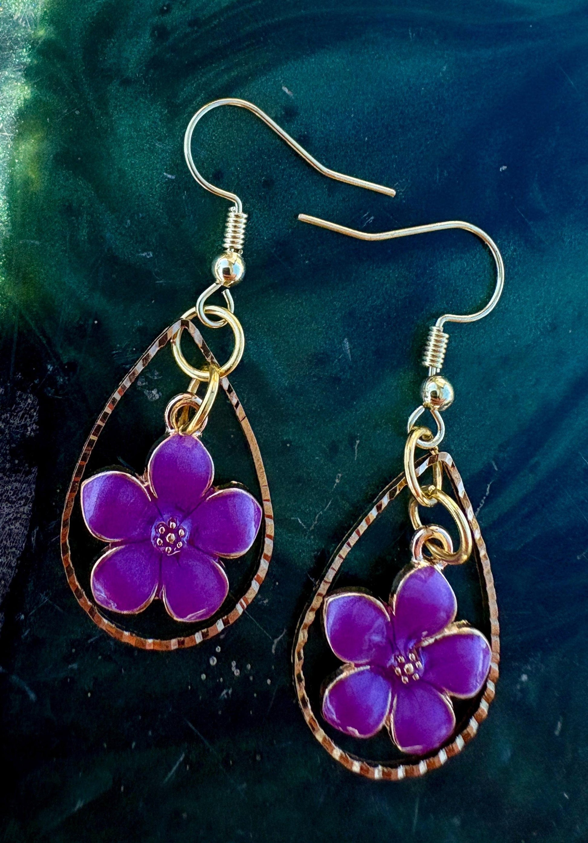 Gold Teardrop Earrings | Dainty Purple & Gold Fuchsia Floral Dangle Earrings Consecrated Jewelry Co.