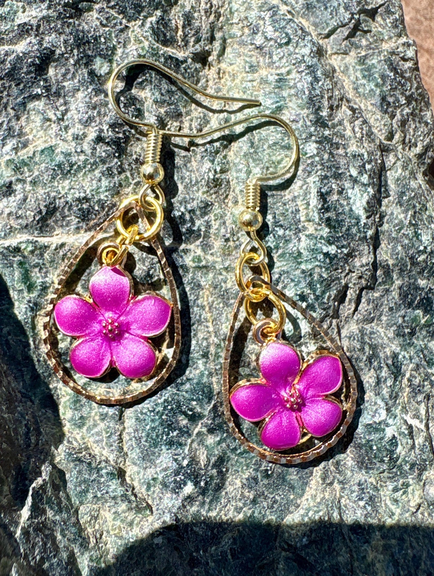 Gold Teardrop Earrings | Dainty Purple & Gold Fuchsia Floral Dangle Earrings Consecrated Jewelry Co.