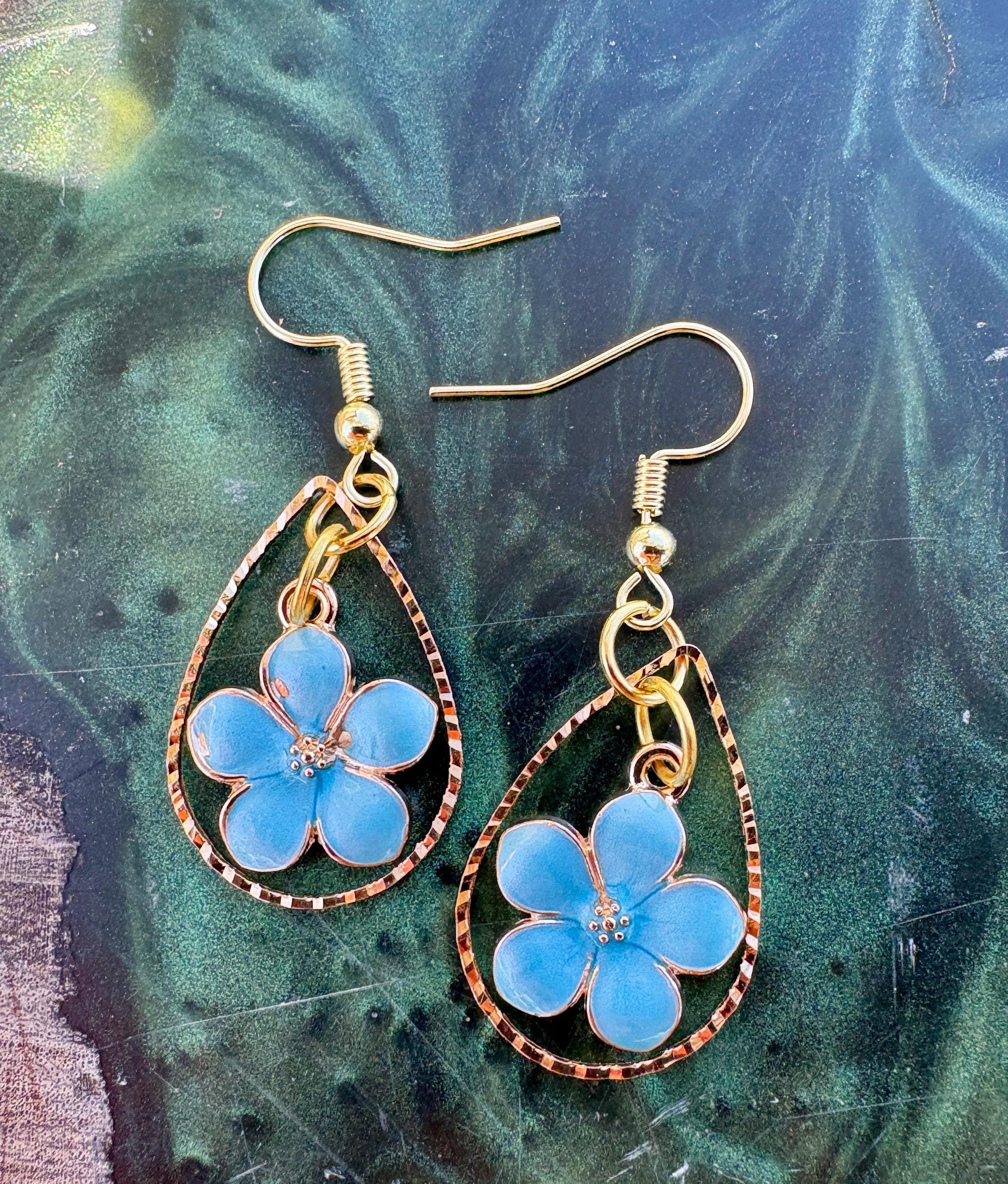 Gold Teardrop Earrings | Dainty Blue & Gold Flower Floral Dangle Earrings Consecrated Jewelry Co.