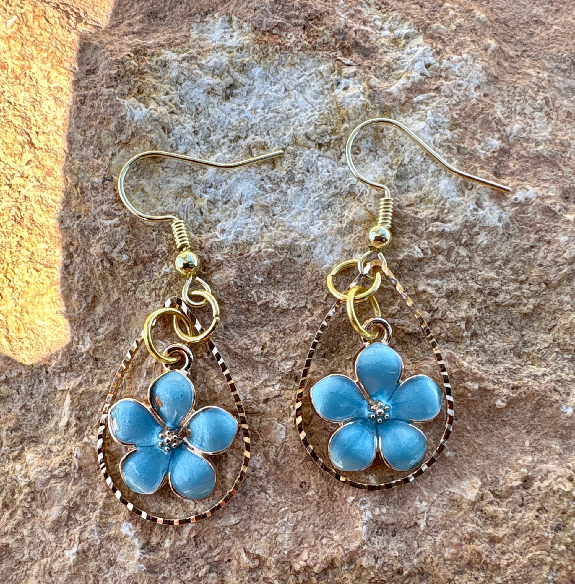 Gold Teardrop Earrings | Dainty Blue & Gold Flower Floral Dangle Earrings Consecrated Jewelry Co.