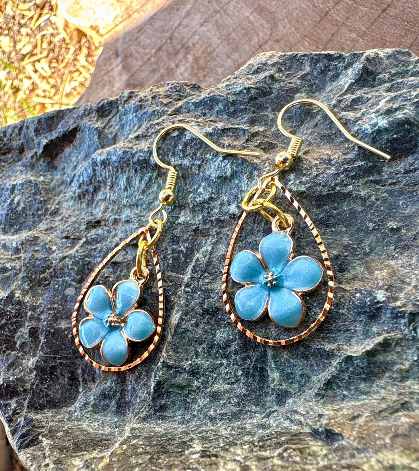 Gold Teardrop Earrings | Dainty Blue & Gold Flower Floral Dangle Earrings Consecrated Jewelry Co.
