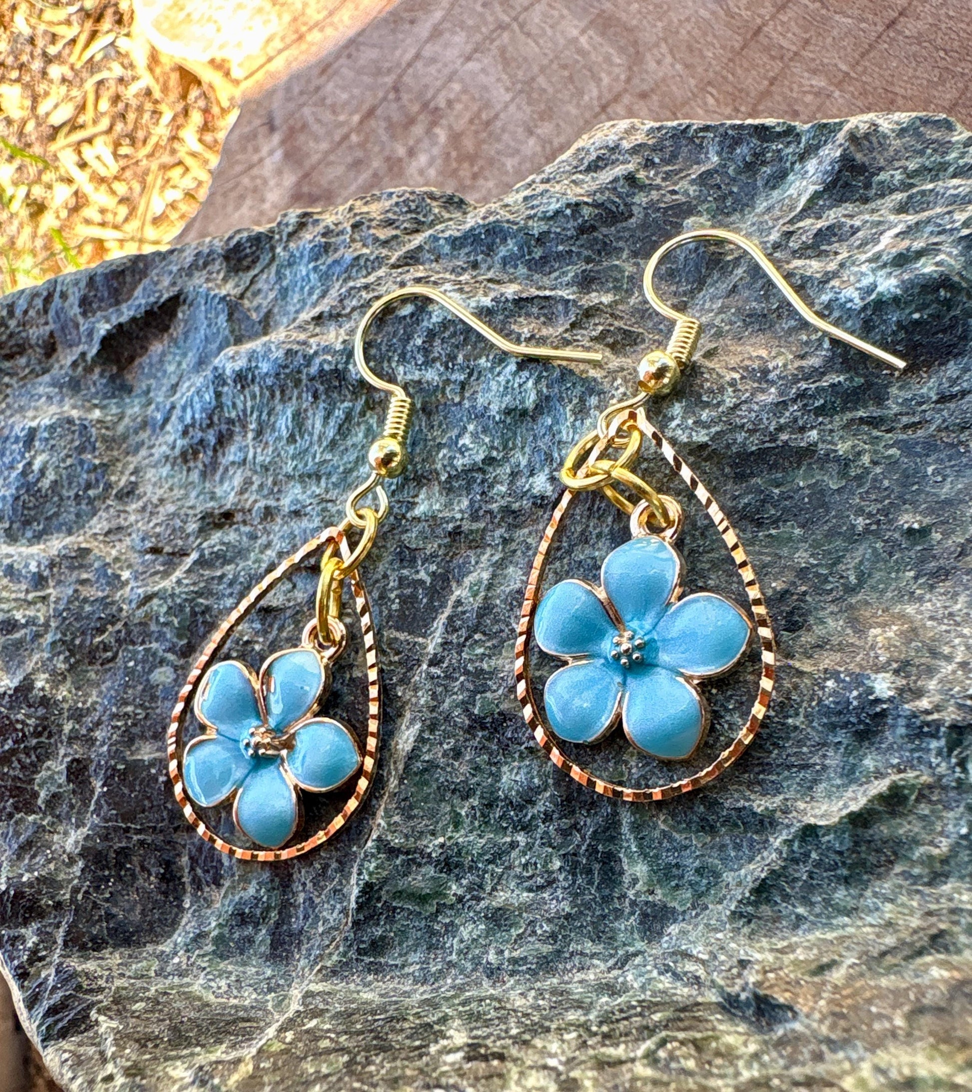Gold Teardrop Earrings | Dainty Blue & Gold Flower Floral Dangle Earrings Consecrated Jewelry Co.