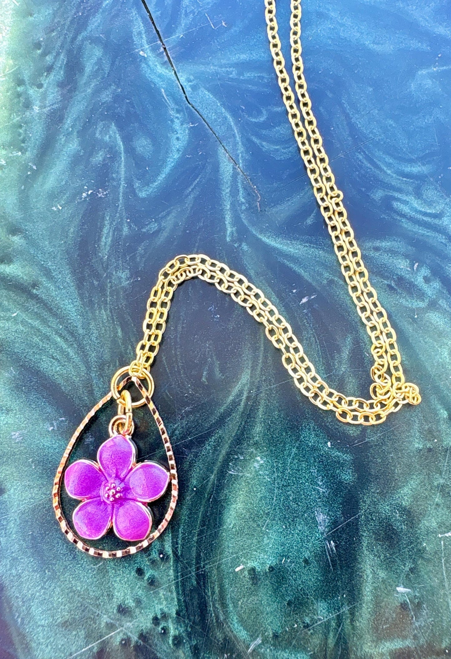 Gold Teardrop Necklace | Purple Fuchsia Flower Pearl Pendant Necklaces Consecrated Jewelry Co.