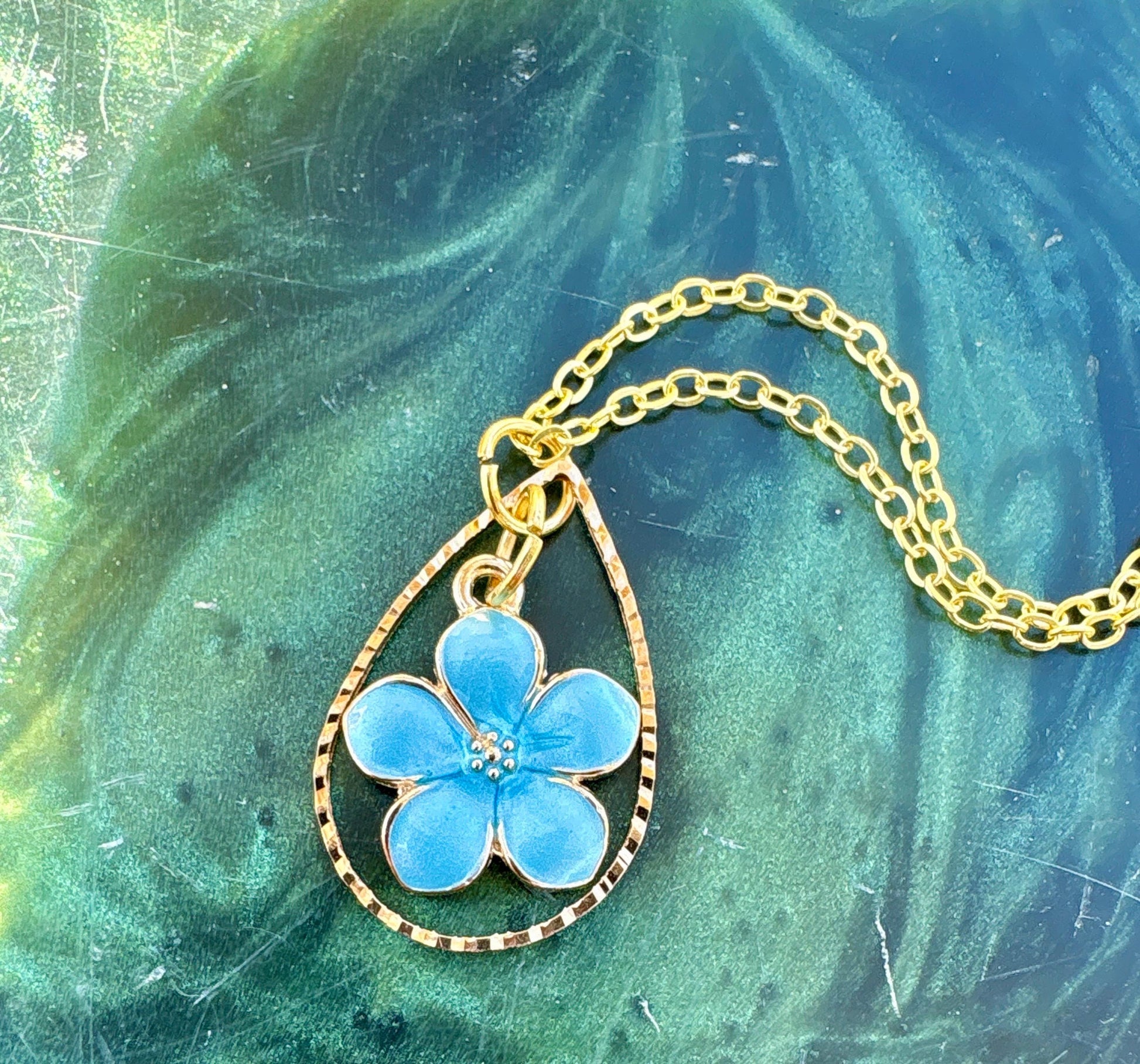 Gold Teardrop Necklace | Blue Flower Pearl Pendant Necklaces Consecrated Jewelry Co.