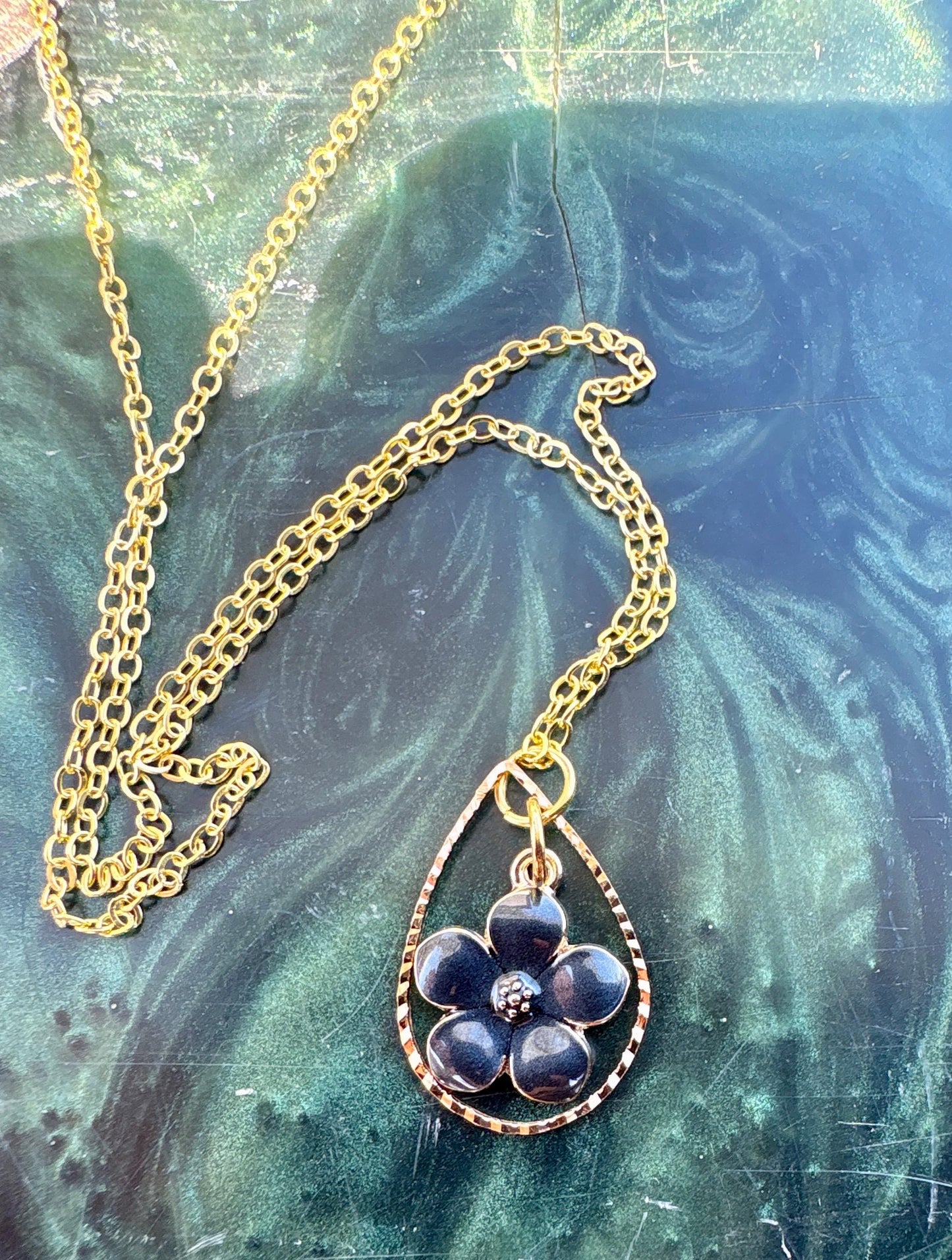 Gold Teardrop Necklace | Blue or Black Flower Pearl Pendant Necklaces Consecrated Jewelry Co.