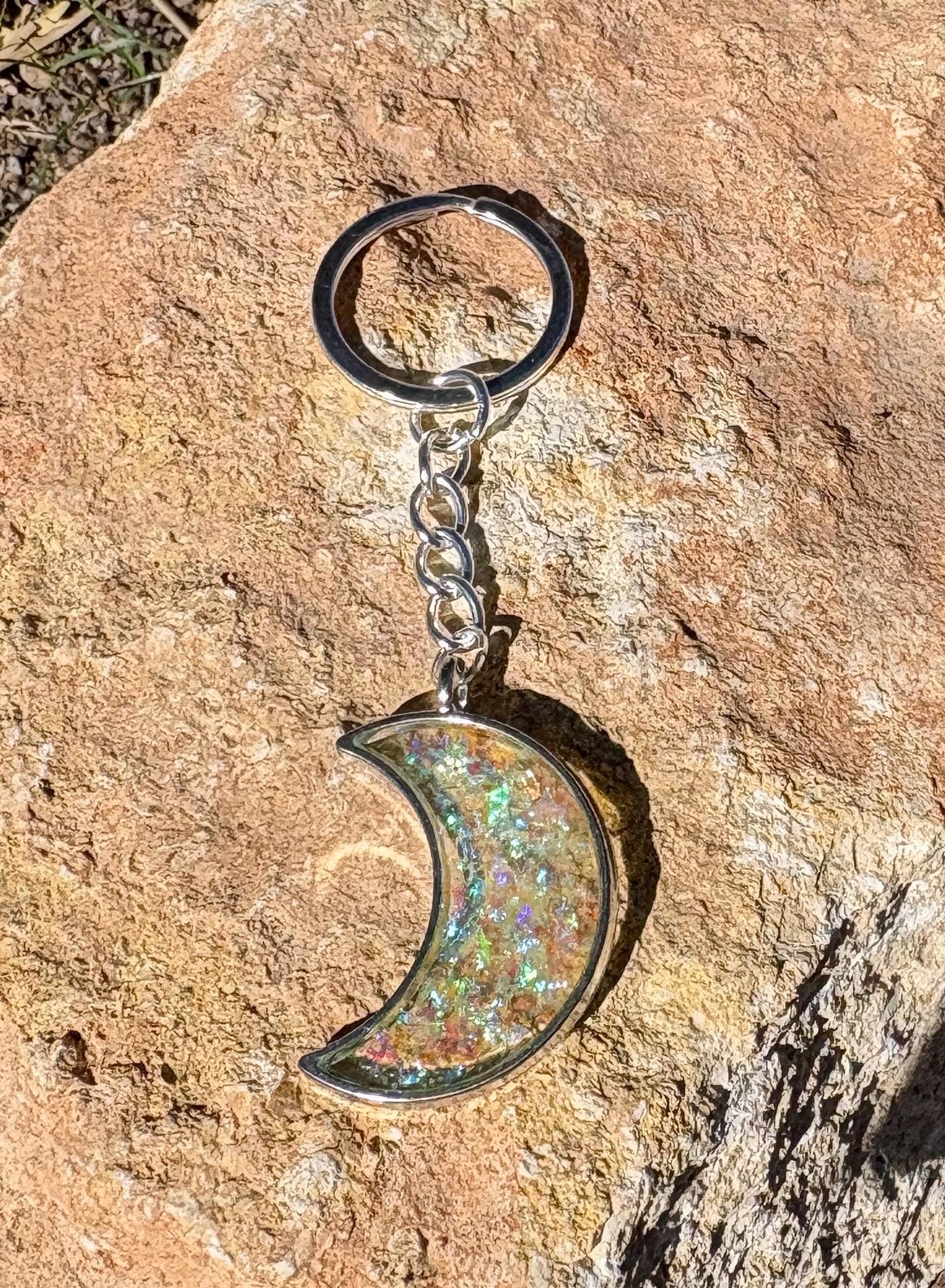 Silver Crescent Resin Keychain | Neon Green Galaxy Stardust Charm Keychains Consecrated Jewelry Co.