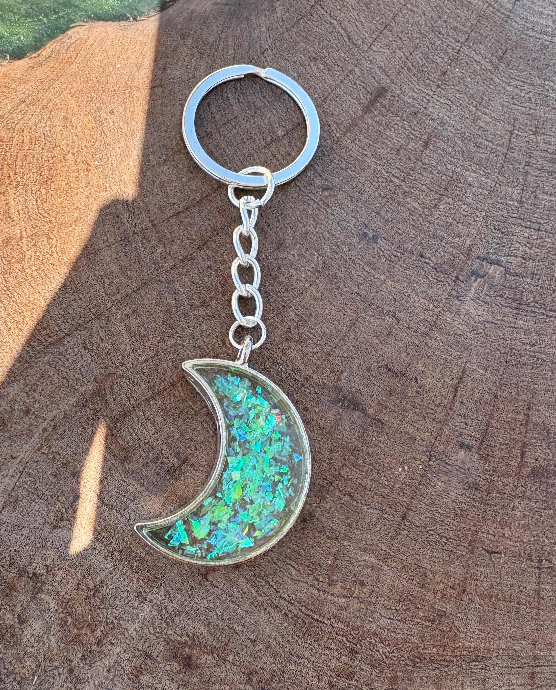 Silver Crescent Resin Keychain | Neon Green Galaxy Stardust Charm Keychains Consecrated Jewelry Co.