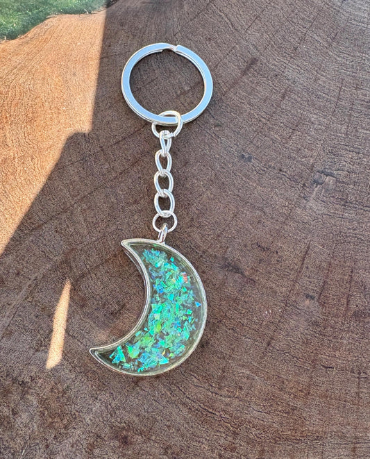 Silver Crescent Resin Keychain | Neon Green Galaxy Stardust Charm Keychains Consecrated Jewelry Co.