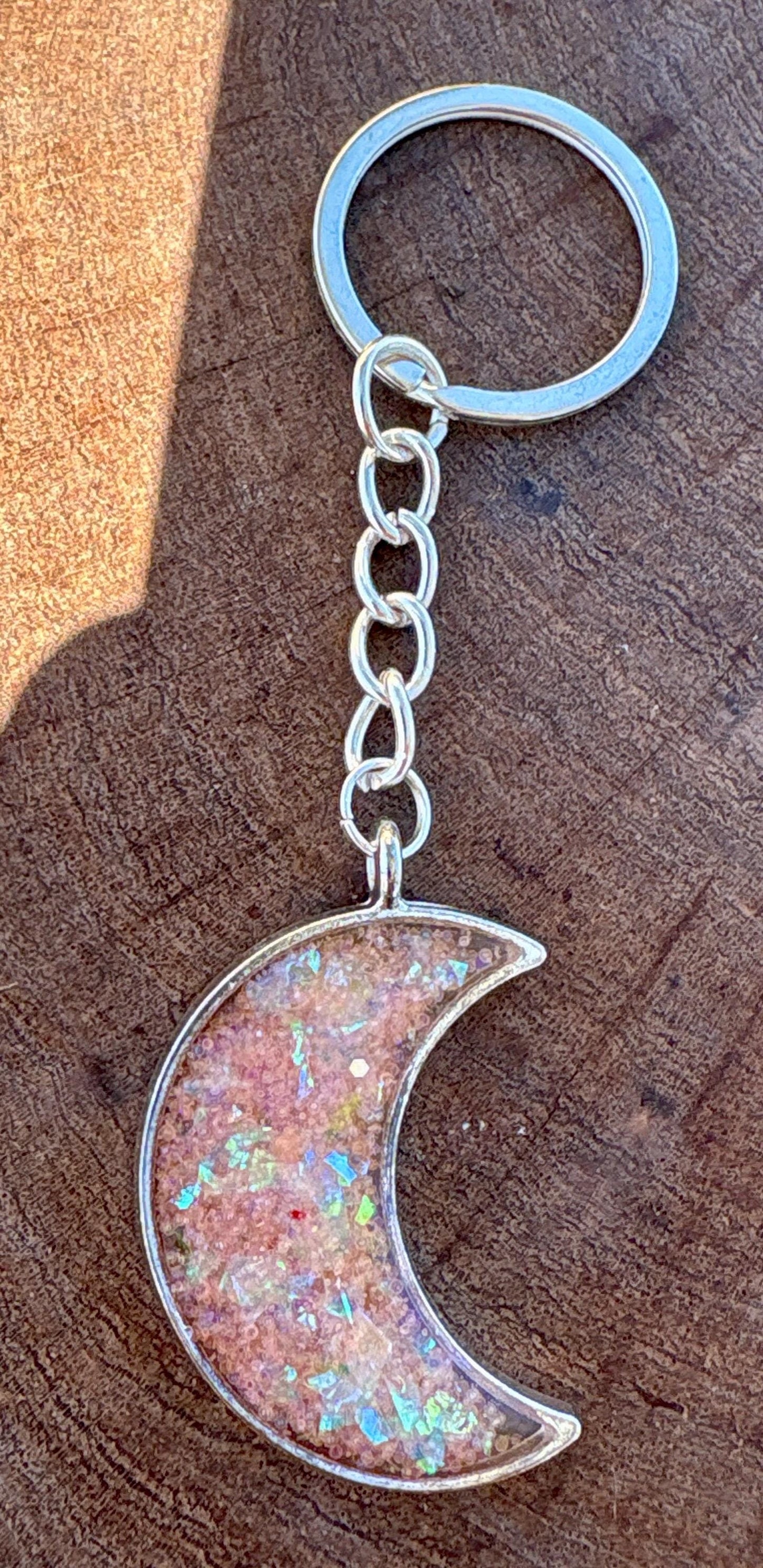Silver Crescent Moon Resin Keychain | Pink Galaxy Glitter Charm Keychains Consecrated Jewelry Co.