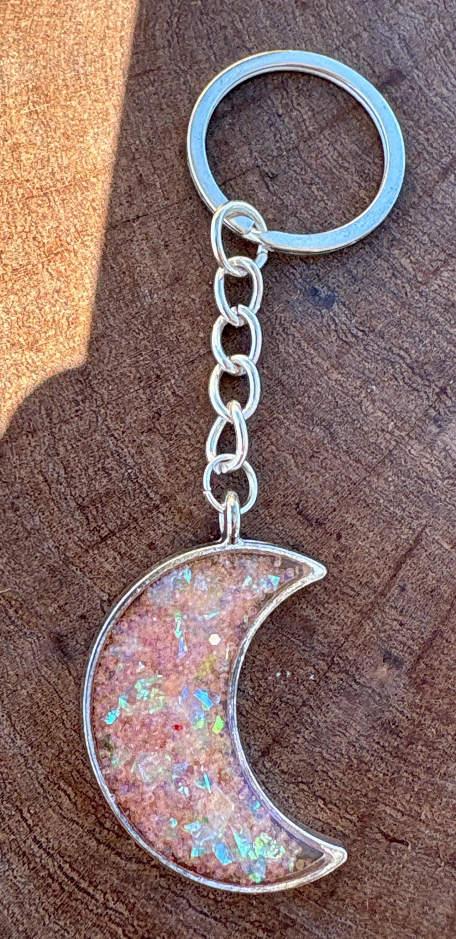 Silver Crescent Moon Resin Keychain | Pink Galaxy Glitter Charm Keychains Consecrated Jewelry Co.