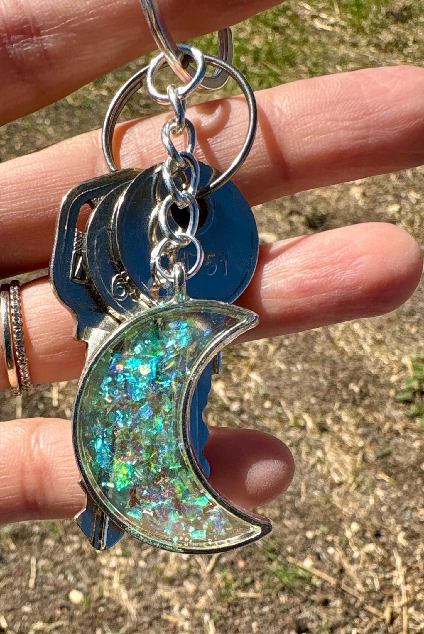 Silver Crescent Resin Keychain | Neon Green Galaxy Stardust Charm Keychains Consecrated Jewelry Co.
