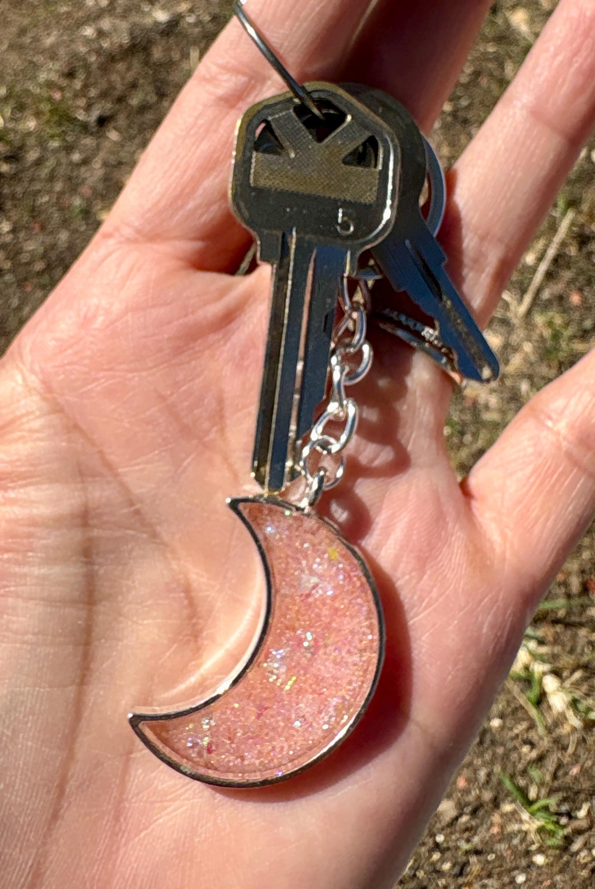 Silver Crescent Moon Resin Keychain | Pink Galaxy Glitter Charm Keychains Consecrated Jewelry Co.