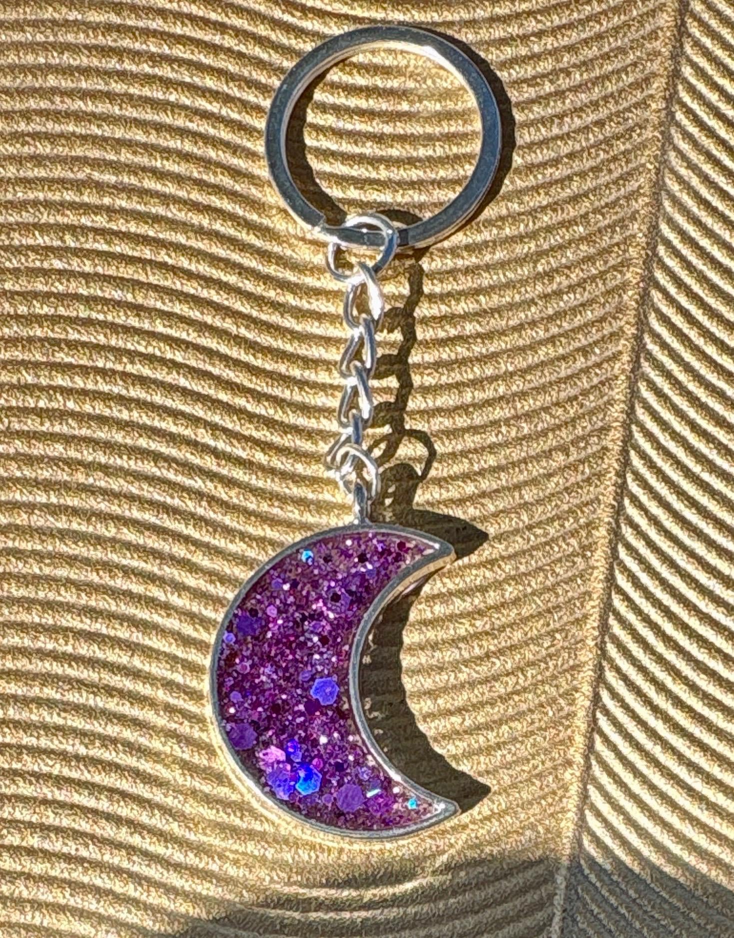 Purple Galaxy Glitter Crescent Moon Resin Keychain | Consecrated Jewelry Co. Keychains Consecrated Jewelry Co.