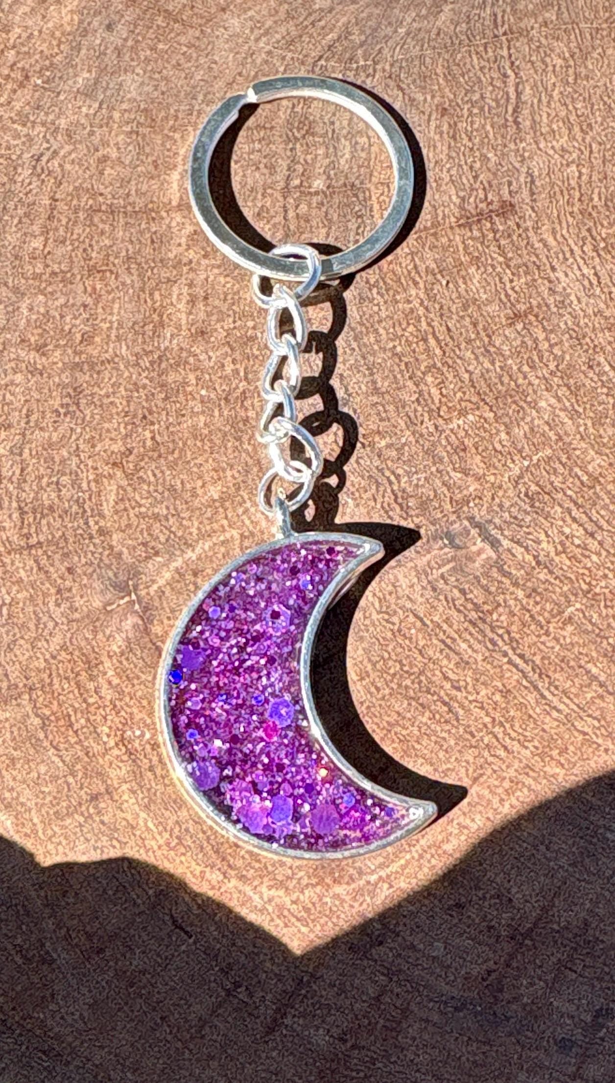 Purple Galaxy Glitter Crescent Moon Resin Keychain | Consecrated Jewelry Co. Keychains Consecrated Jewelry Co.