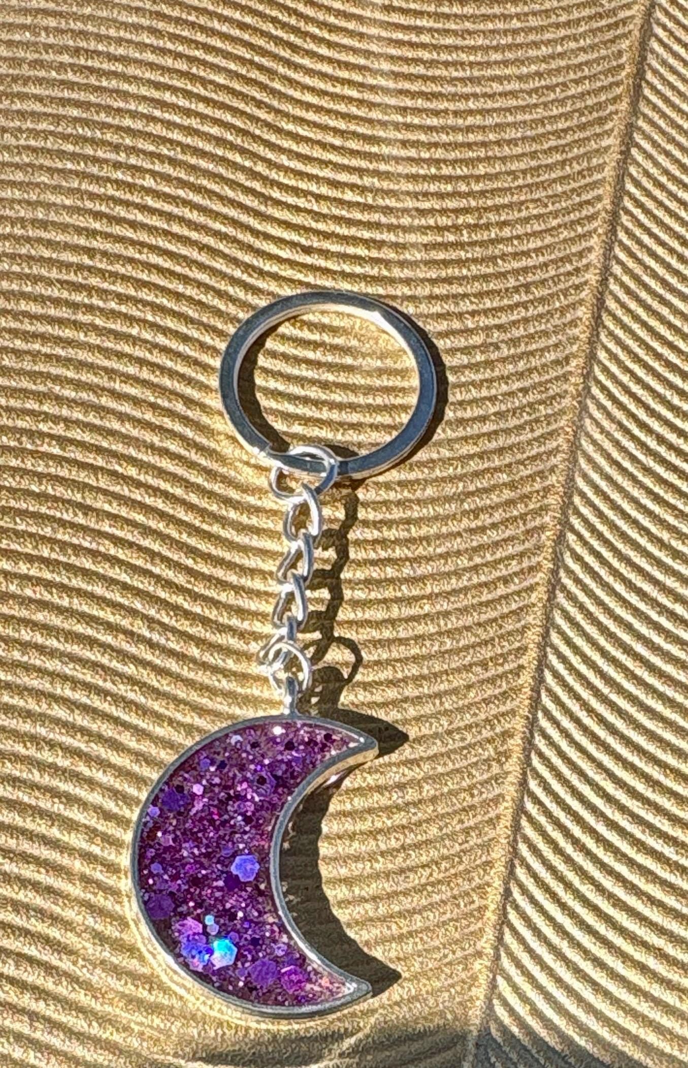 Purple Galaxy Glitter Crescent Moon Resin Keychain | Consecrated Jewelry Co. Keychains Consecrated Jewelry Co.