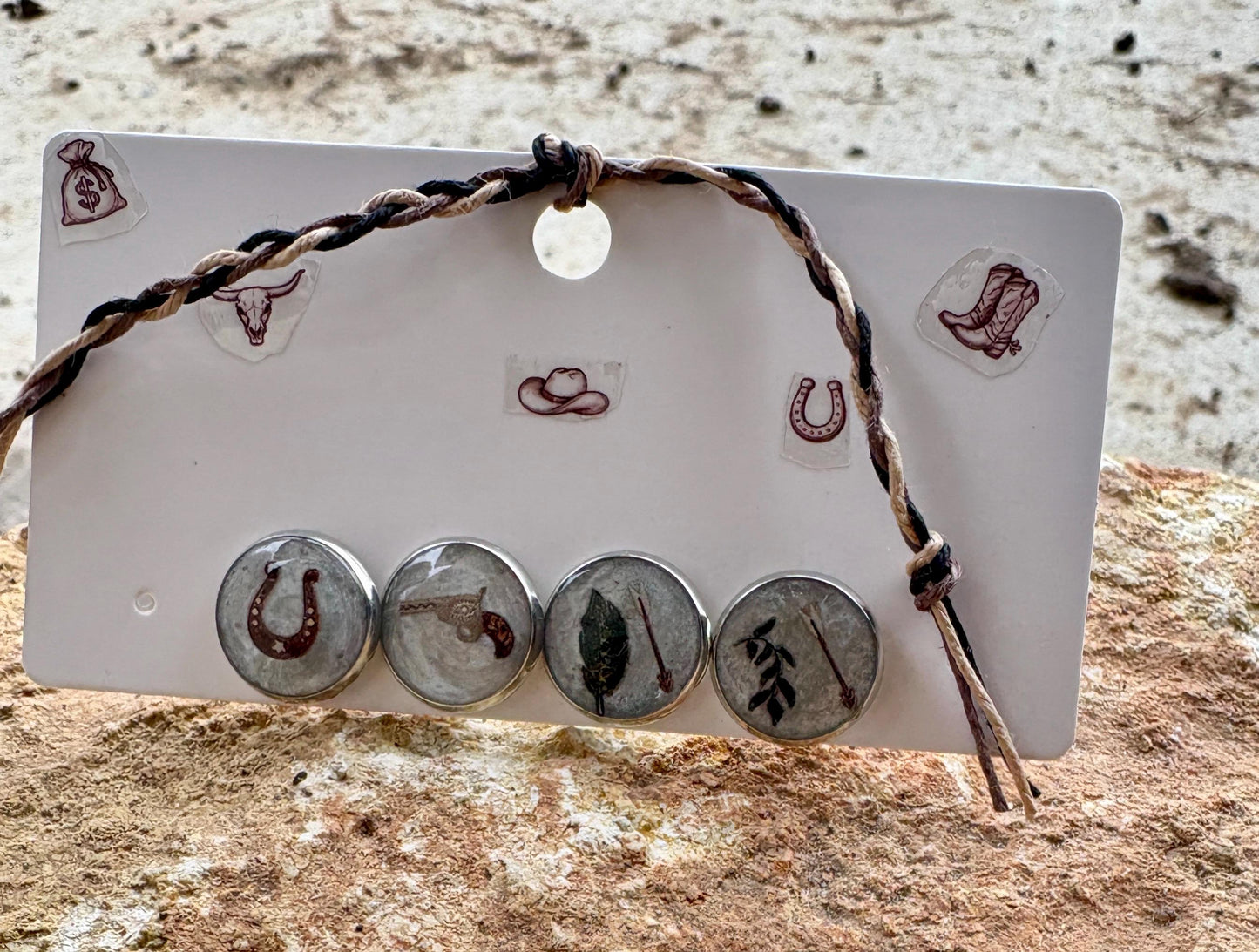 Country Western Stud Earrings | White Green Brown Horseshoe Gun Cowgirl Consecrated Jewelry Co.