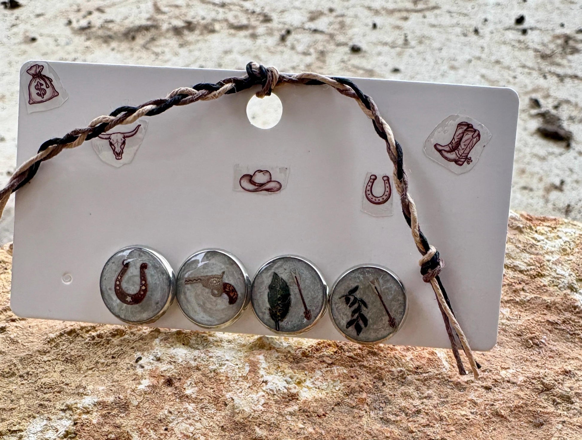 Country Western Stud Earrings | White Green Brown Horseshoe Gun Cowgirl Consecrated Jewelry Co.