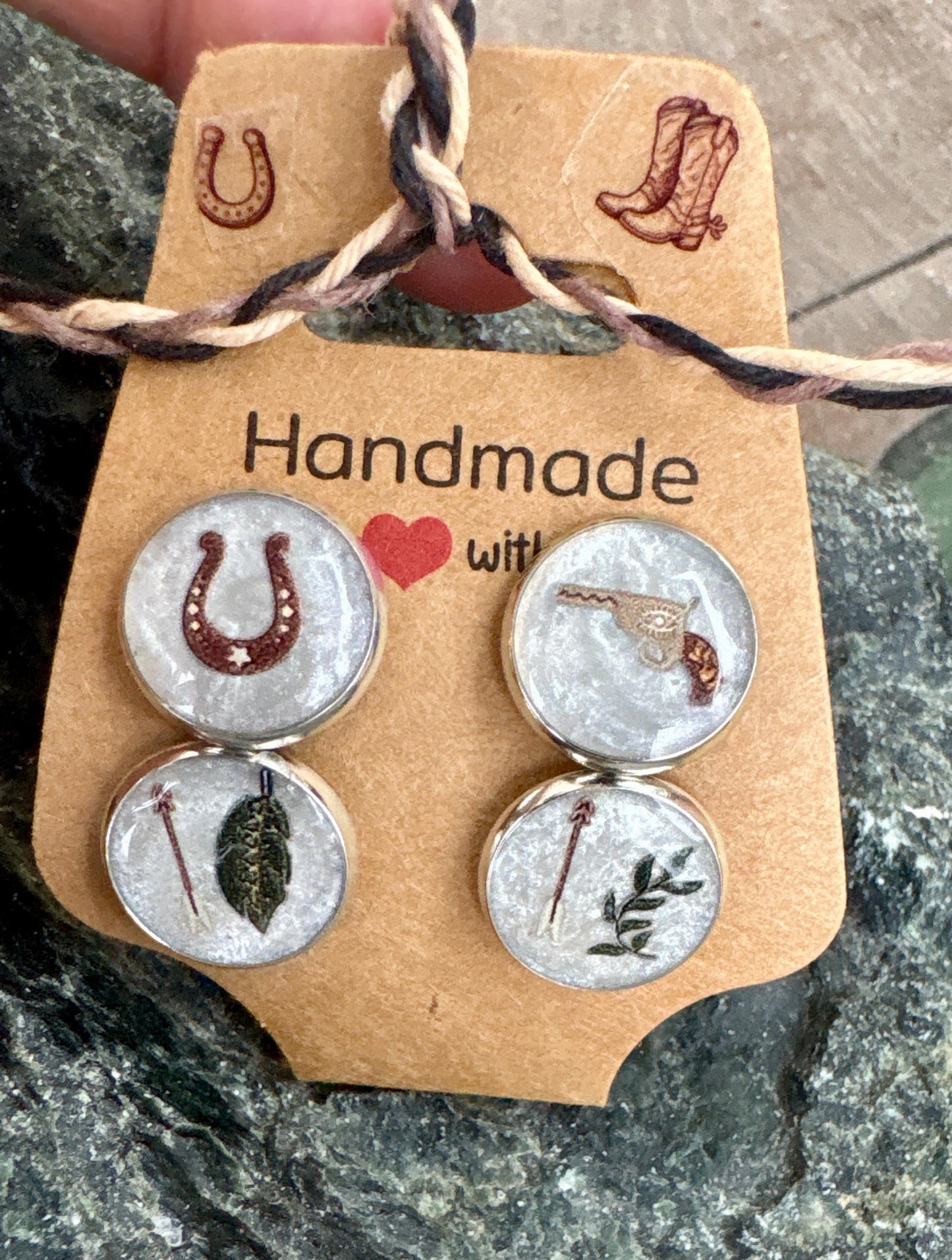 Country Western Stud Earrings | White Green Brown Horseshoe Gun Cowgirl Consecrated Jewelry Co.