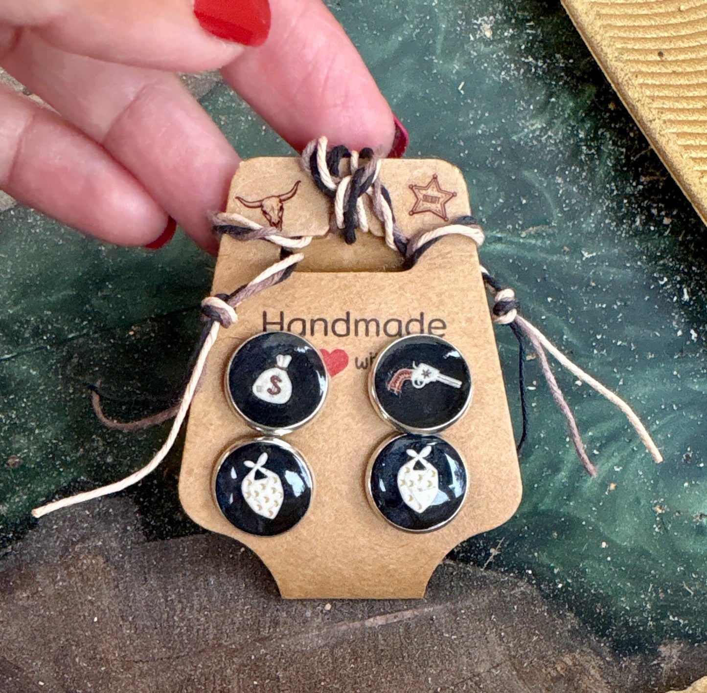 Country Western Stud Earrings | Black White Brown Resin Cowgirl Set Earrings Consecrated Jewelry Co.