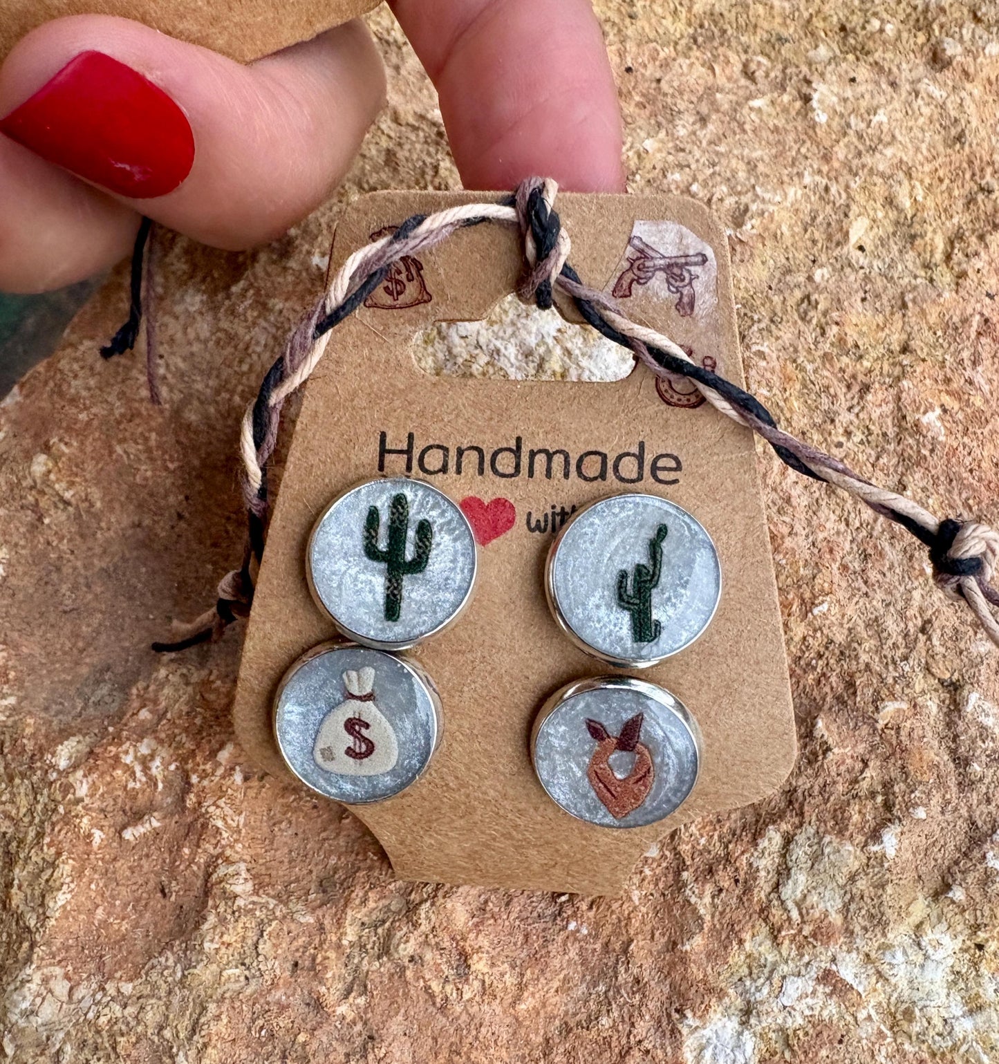 Country Western Stud Earrings | White Green Brown Cactus Cowgirl Earrings Consecrated Jewelry Co.