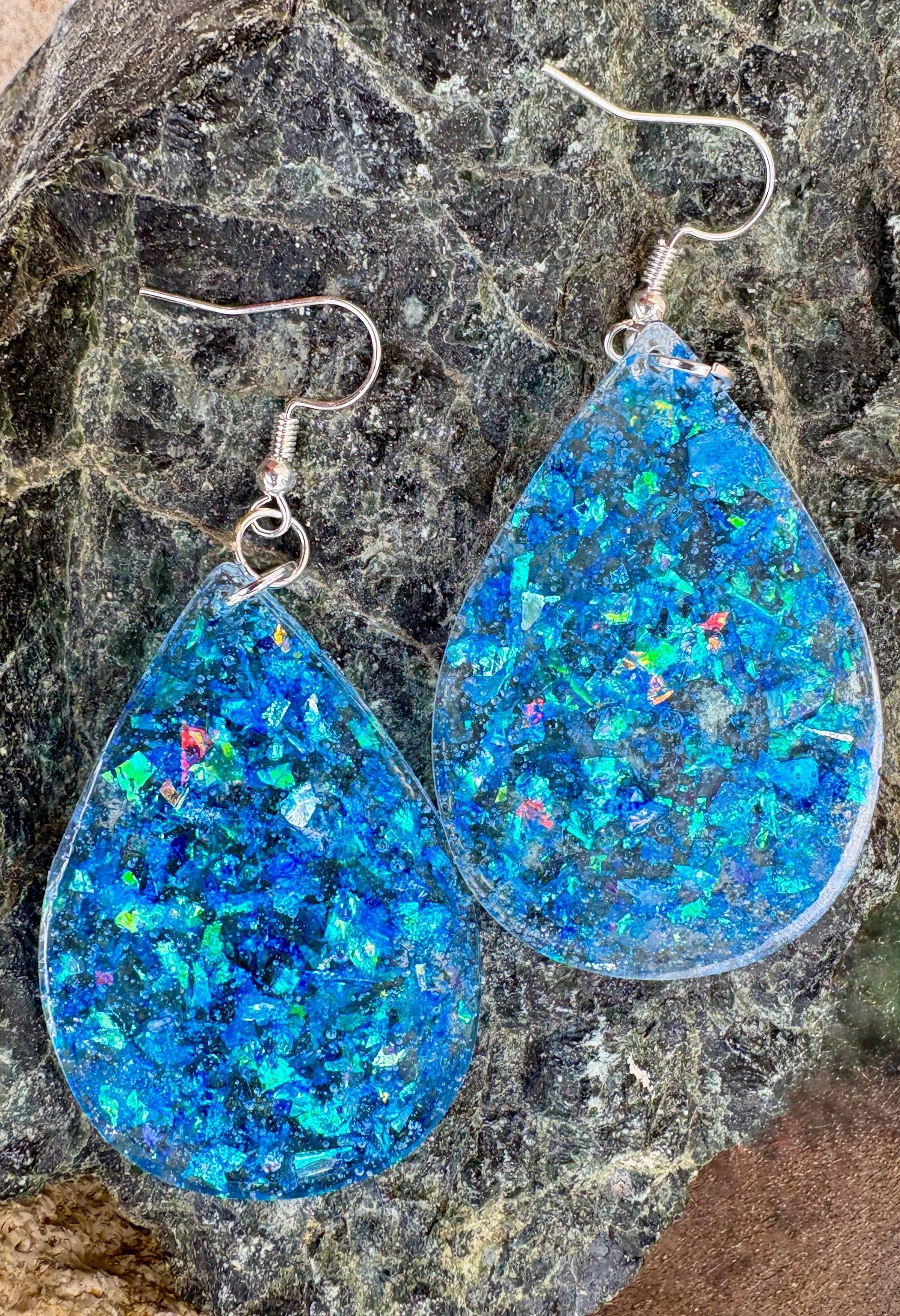 Blue Glitter Resin Teardrop Dangle Earrings | Consecrated Jewelry Co. Earrings Consecrated Jewelry Co.