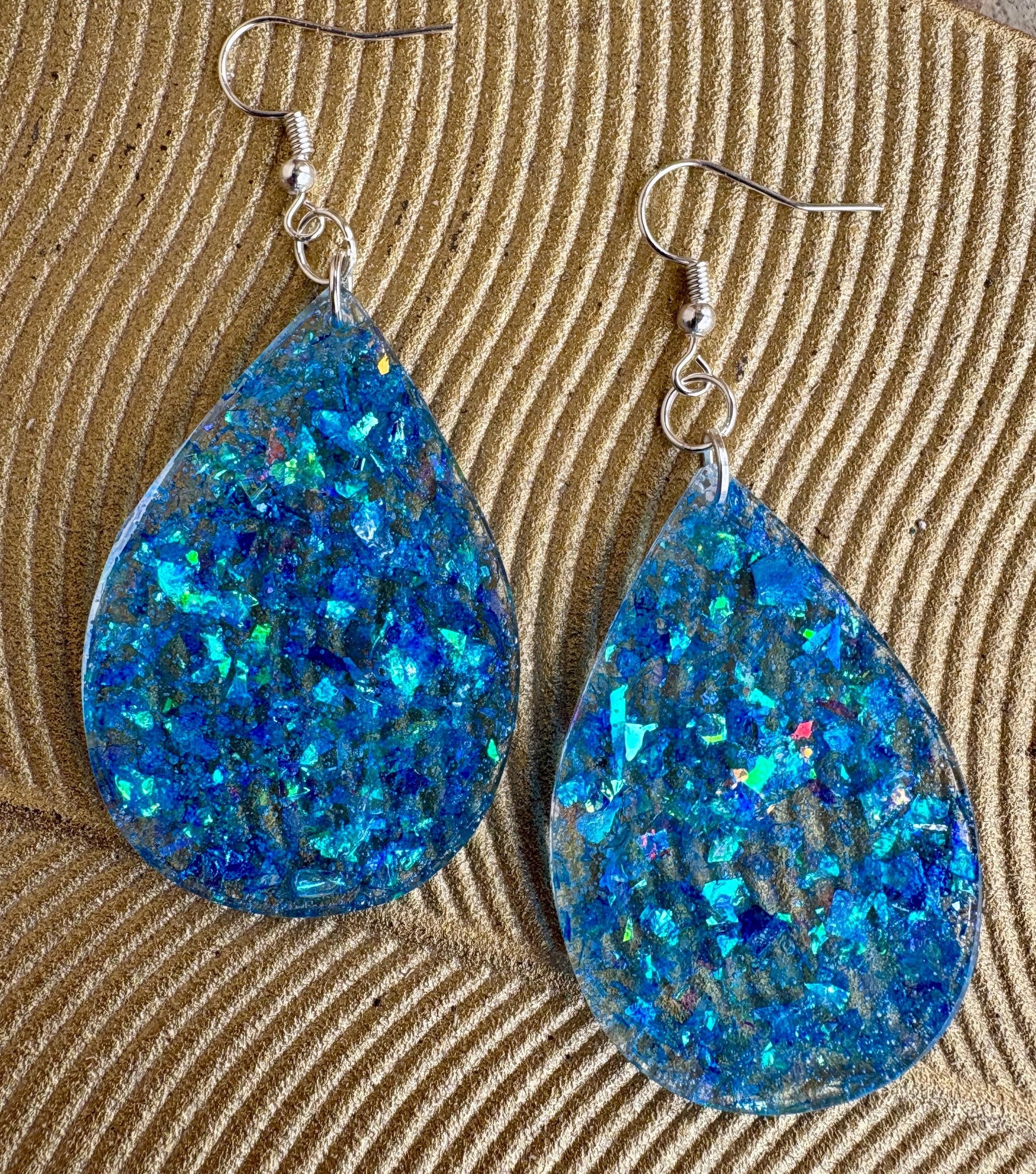 Blue Glitter Resin Teardrop Dangle Earrings | Consecrated Jewelry Co. Earrings Consecrated Jewelry Co.