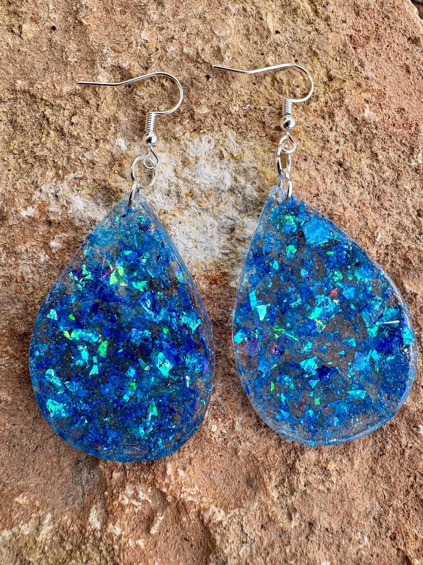 Blue Glitter Resin Teardrop Dangle Earrings | Consecrated Jewelry Co. Earrings Consecrated Jewelry Co.