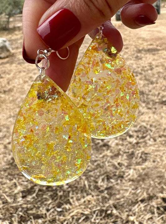 Handmade Yellow Glitter Resin Teardrop Dangle Earrings | Shimmer Earrings Consecrated Jewelry Co.