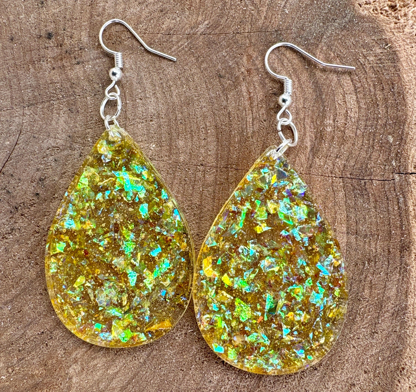 Handmade Yellow Glitter Resin Teardrop Dangle Earrings | Shimmer Earrings Consecrated Jewelry Co.