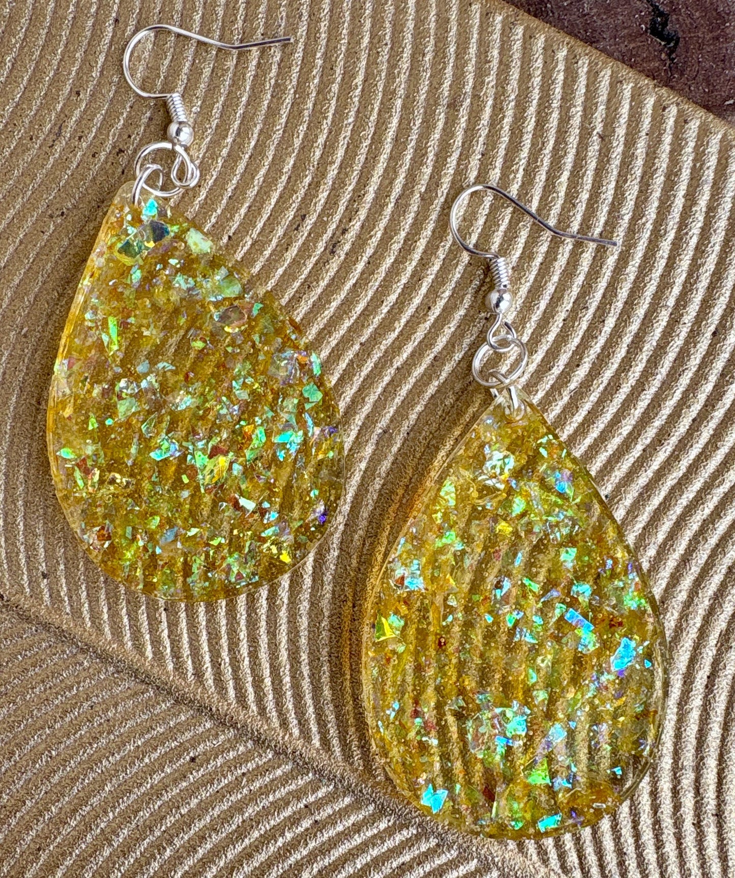 Handmade Yellow Glitter Resin Teardrop Dangle Earrings | Shimmer Earrings Consecrated Jewelry Co.