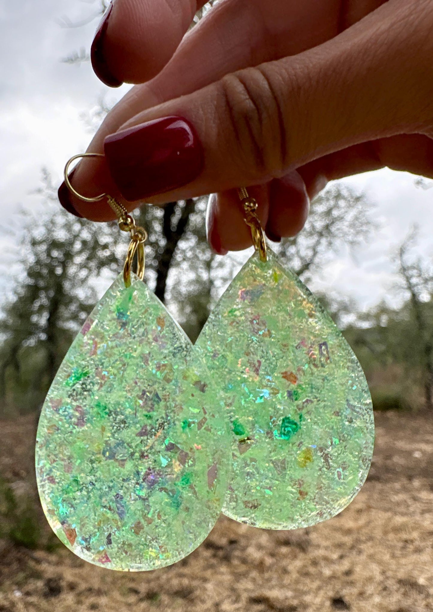 Handmade Green Glitter Resin Teardrop Dangle Earrings | Shimmer Earrings Consecrated Jewelry Co.