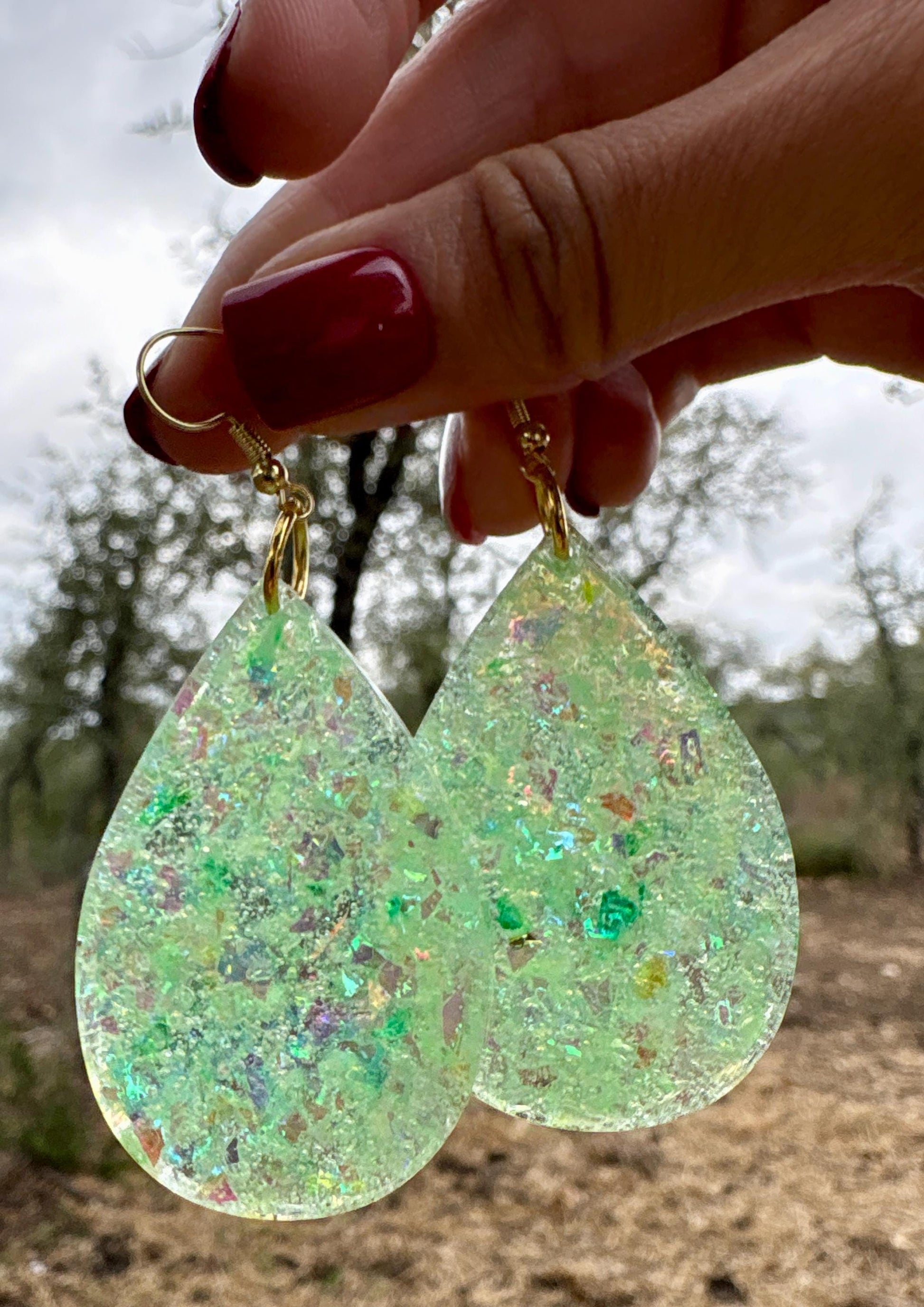 Handmade Green Glitter Resin Teardrop Dangle Earrings | Shimmer Earrings Consecrated Jewelry Co.