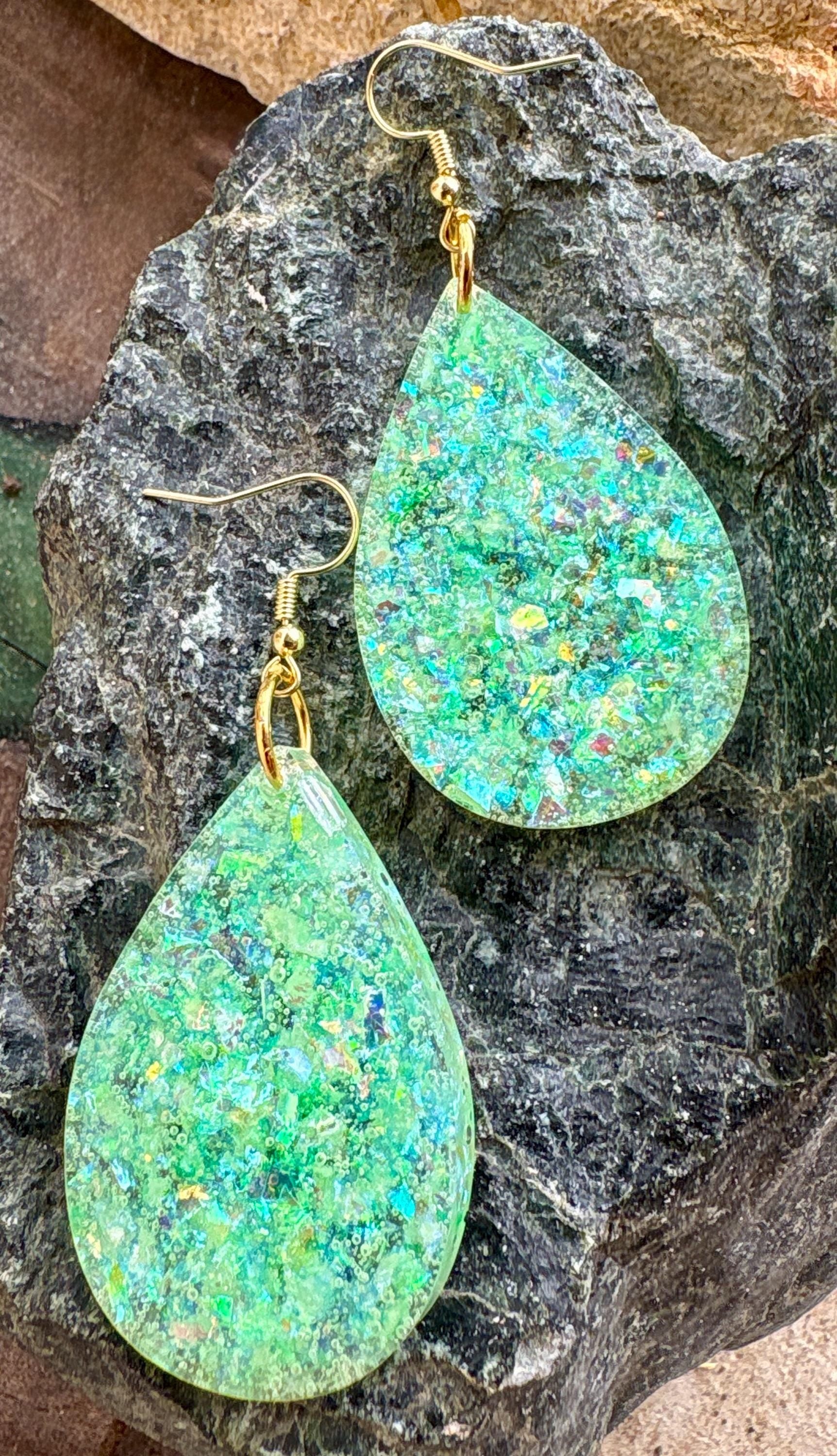 Handmade Green Glitter Resin Teardrop Dangle Earrings | Shimmer Earrings Consecrated Jewelry Co.