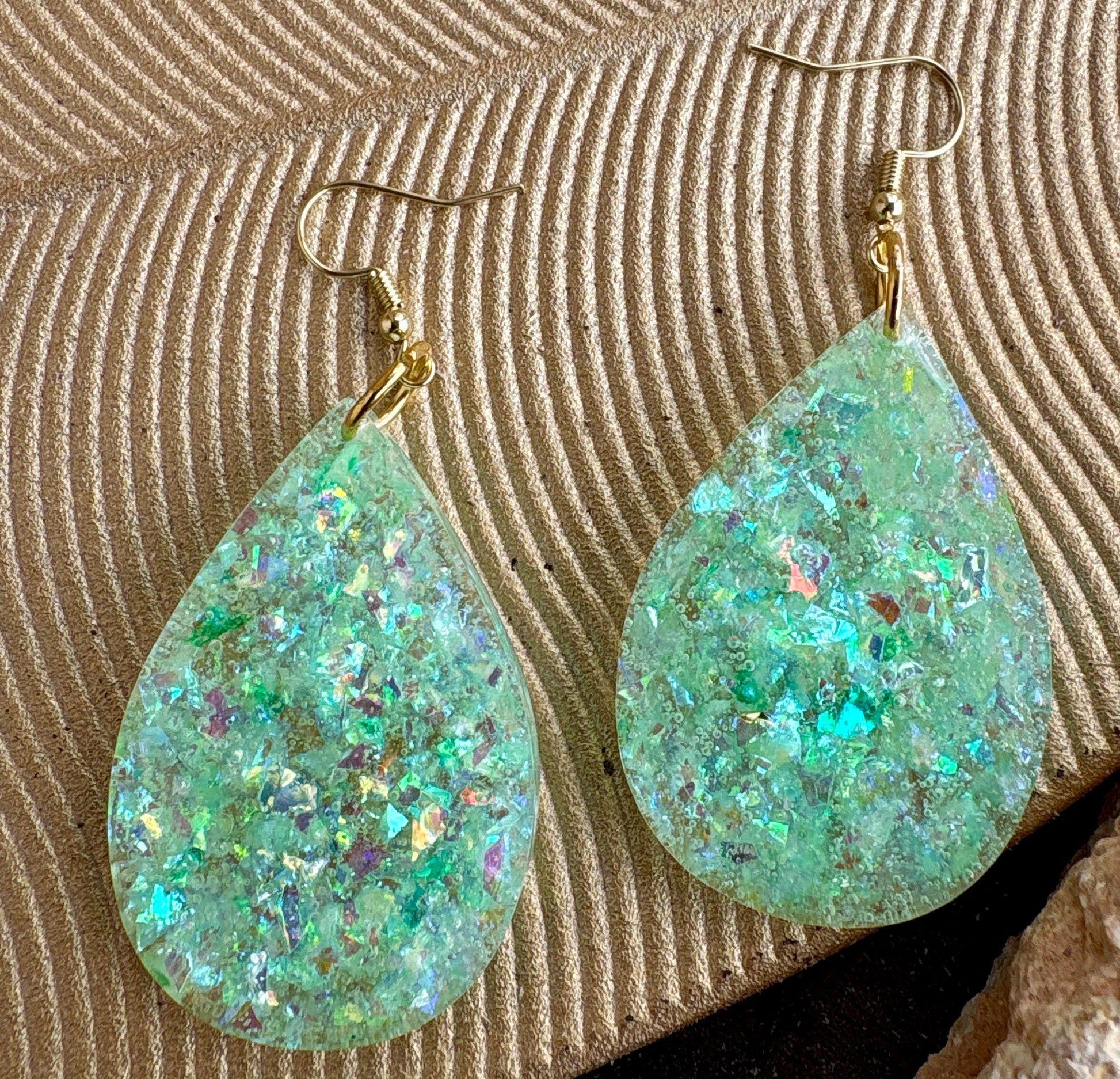 Handmade Green Glitter Resin Teardrop Dangle Earrings | Shimmer Earrings Consecrated Jewelry Co.