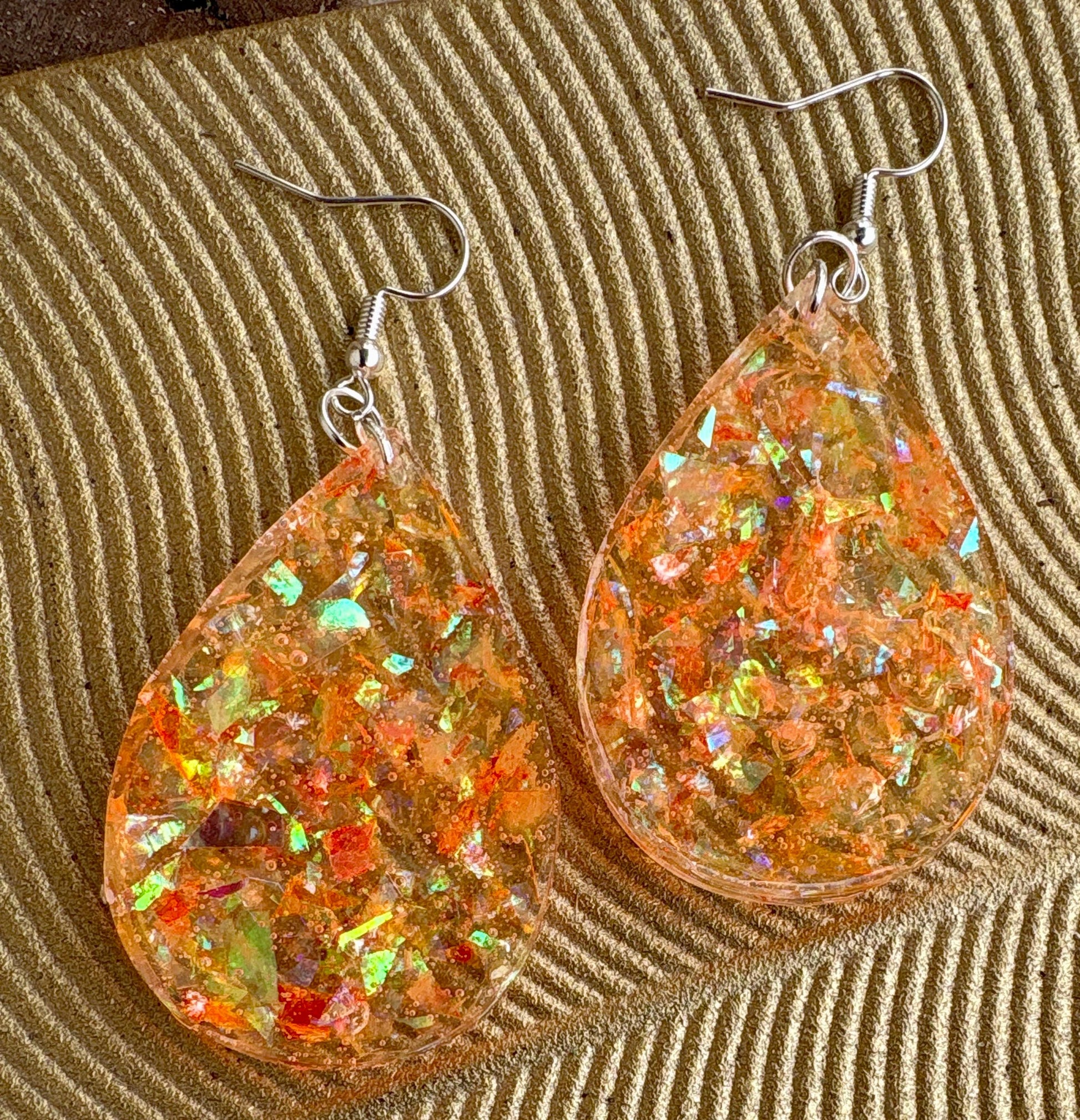 Handmade Orange Glitter Resin Teardrop Dangle Earrings | Shimmer Earrings Consecrated Jewelry Co.