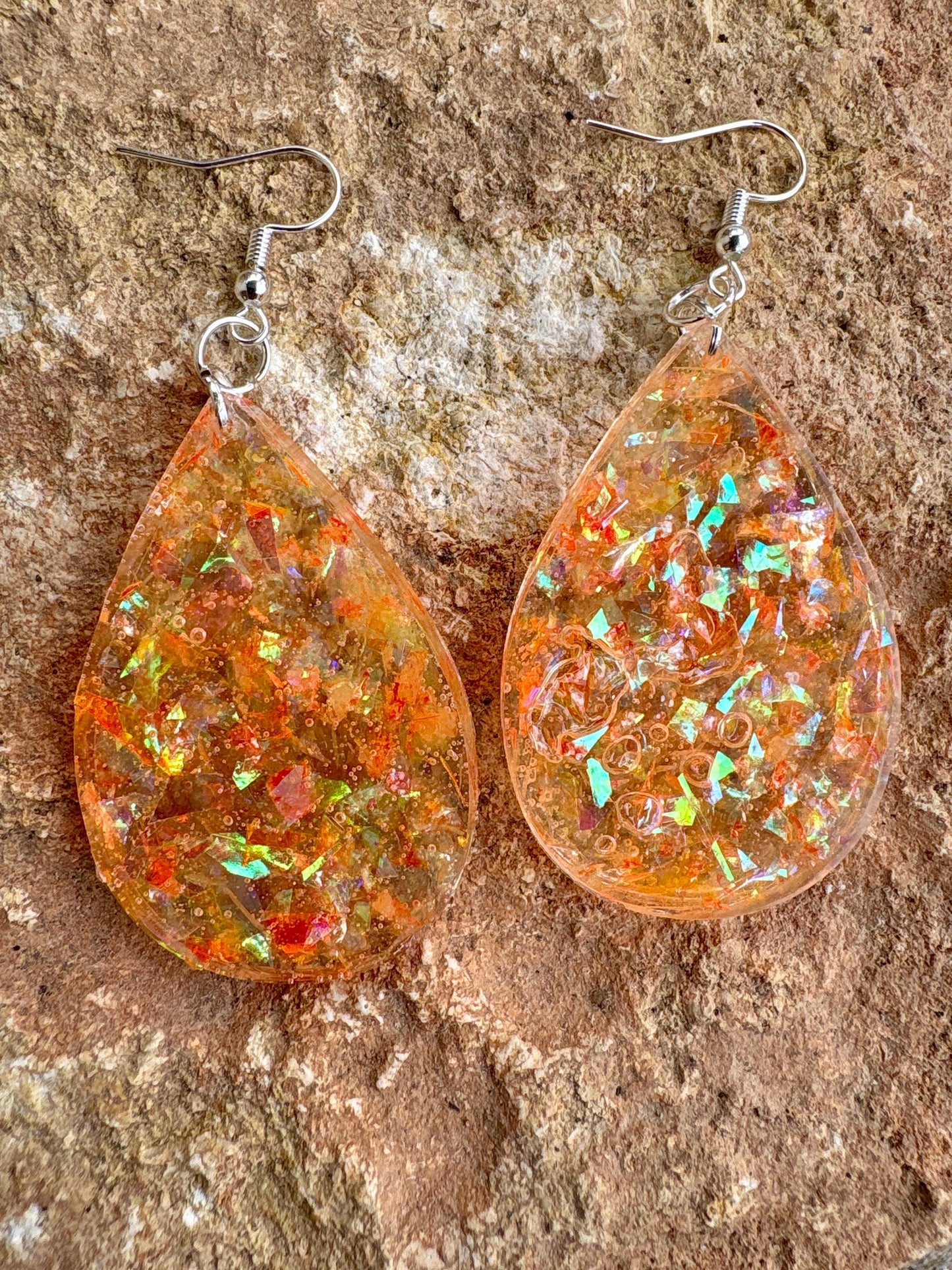 Handmade Orange Glitter Resin Teardrop Dangle Earrings | Shimmer Earrings Consecrated Jewelry Co.