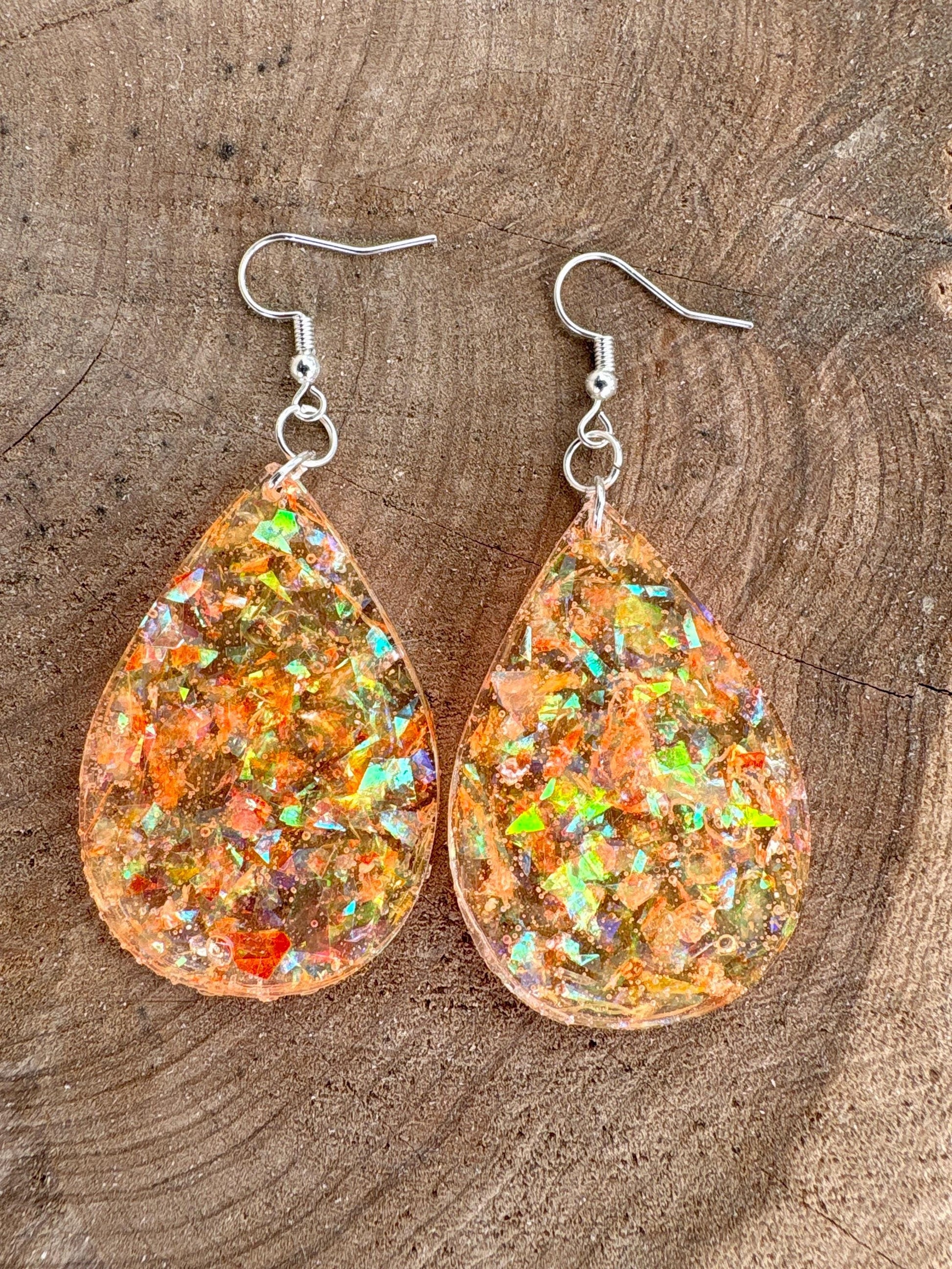 Handmade Orange Glitter Resin Teardrop Dangle Earrings | Shimmer Earrings Consecrated Jewelry Co.