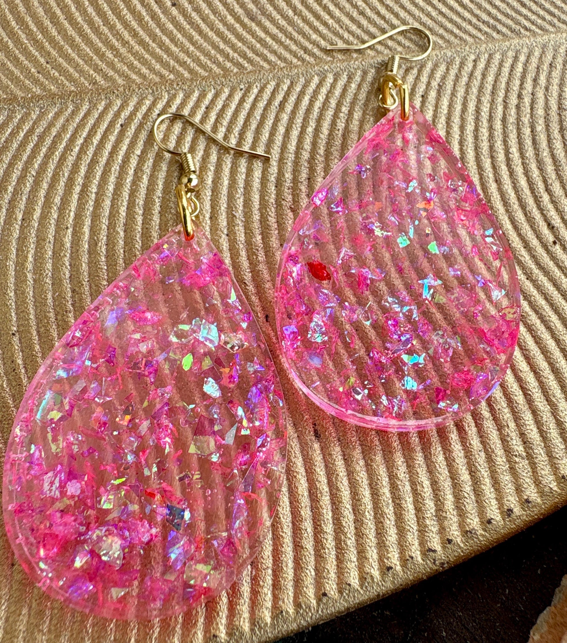 Handmade Pink Glitter Resin Teardrop Dangle Earrings | Shimmer Earrings Consecrated Jewelry Co.