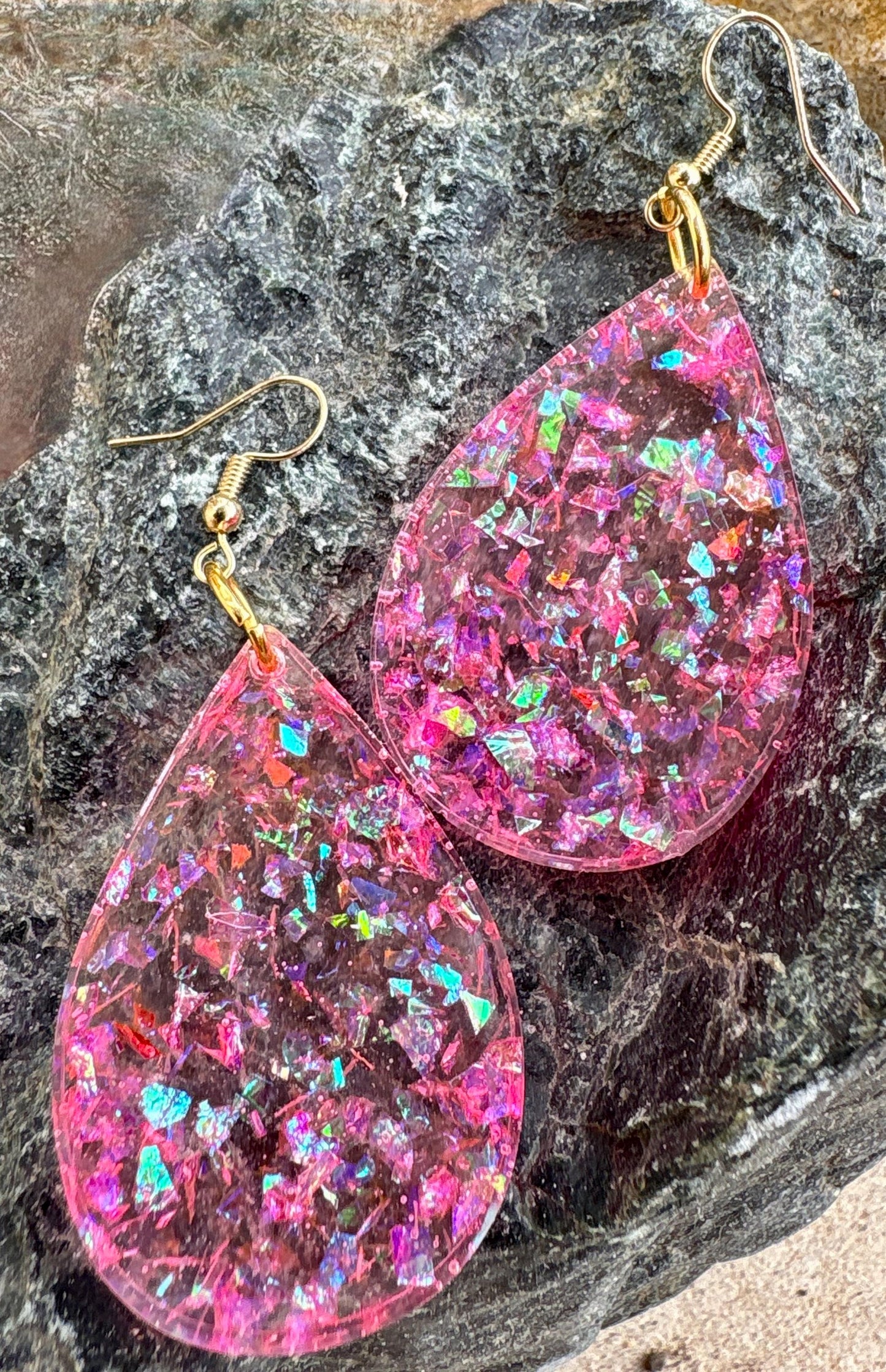 Handmade Pink Glitter Resin Teardrop Dangle Earrings | Shimmer Earrings Consecrated Jewelry Co.