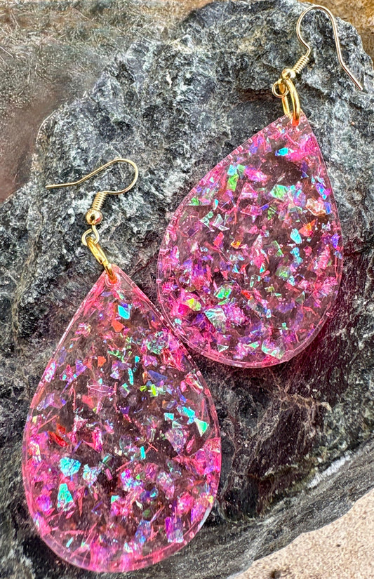 Handmade Pink Glitter Resin Teardrop Dangle Earrings | Shimmer Earrings Consecrated Jewelry Co.