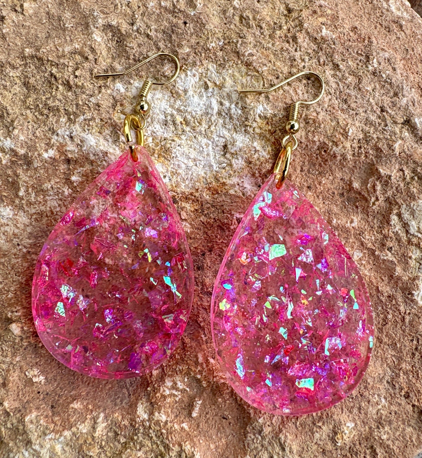 Handmade Pink Glitter Resin Teardrop Dangle Earrings | Shimmer Earrings Consecrated Jewelry Co.
