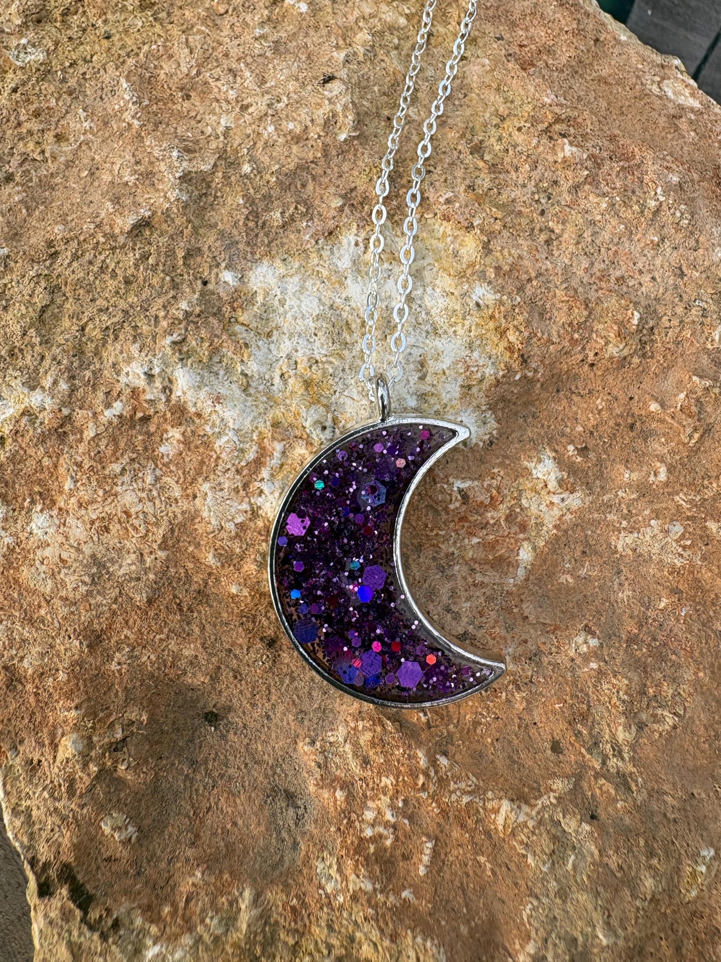 Purple Galaxy Glitter Crescent Moon Resin Necklace | Consecrated Jewelry Co. Necklaces Consecrated Jewelry Co.