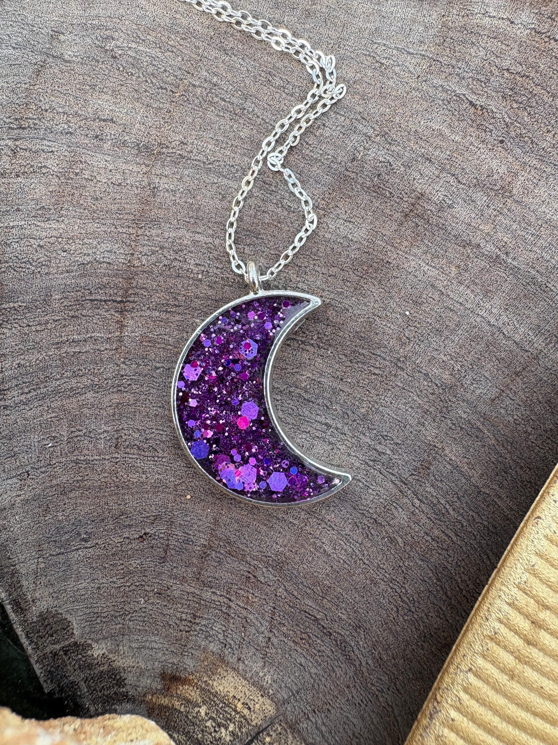 Purple Galaxy Glitter Crescent Moon Resin Necklace | Consecrated Jewelry Co. Necklaces Consecrated Jewelry Co.